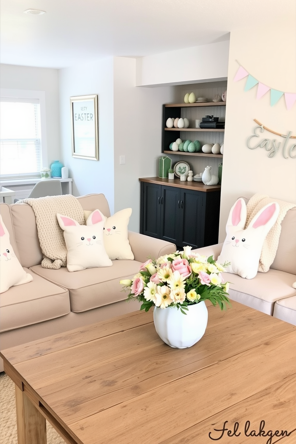 A cozy living room adorned with bunny-shaped cushions for extra comfort. The cushions are pastel-colored, adding a playful touch to the neutral-toned sofa, while a soft, woven throw complements the whimsical decor. A charming basement transformed with Easter decorating ideas. The space features pastel bunting, egg-shaped ornaments, and a centerpiece of fresh spring flowers on a rustic wooden table, creating a festive and inviting atmosphere.