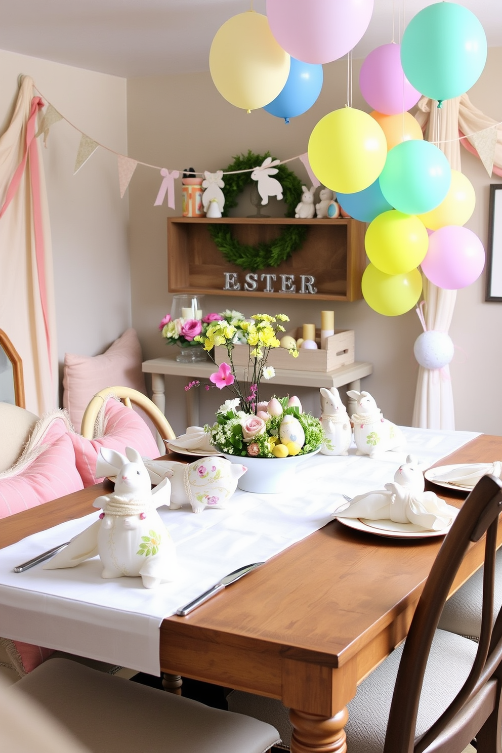 Easter-themed napkin holders for dining area. Delicate ceramic holders shaped like pastel-colored Easter eggs, each adorned with intricate floral patterns and gold accents, are placed at each dining setting. The napkin holders stand out against a crisp white tablecloth, complementing a centerpiece of fresh spring flowers and a scattering of decorative Easter eggs. Basement Easter Decorating Ideas. Transform the basement into a festive Easter haven with soft pastel bunting draped along the walls and clusters of colorful Easter balloons floating in the corners. A cozy seating area features plush cushions in shades of pink, yellow, and blue, while an Easter-themed garland with bunnies and eggs hangs above a rustic wooden table set with a whimsical Easter tea party.