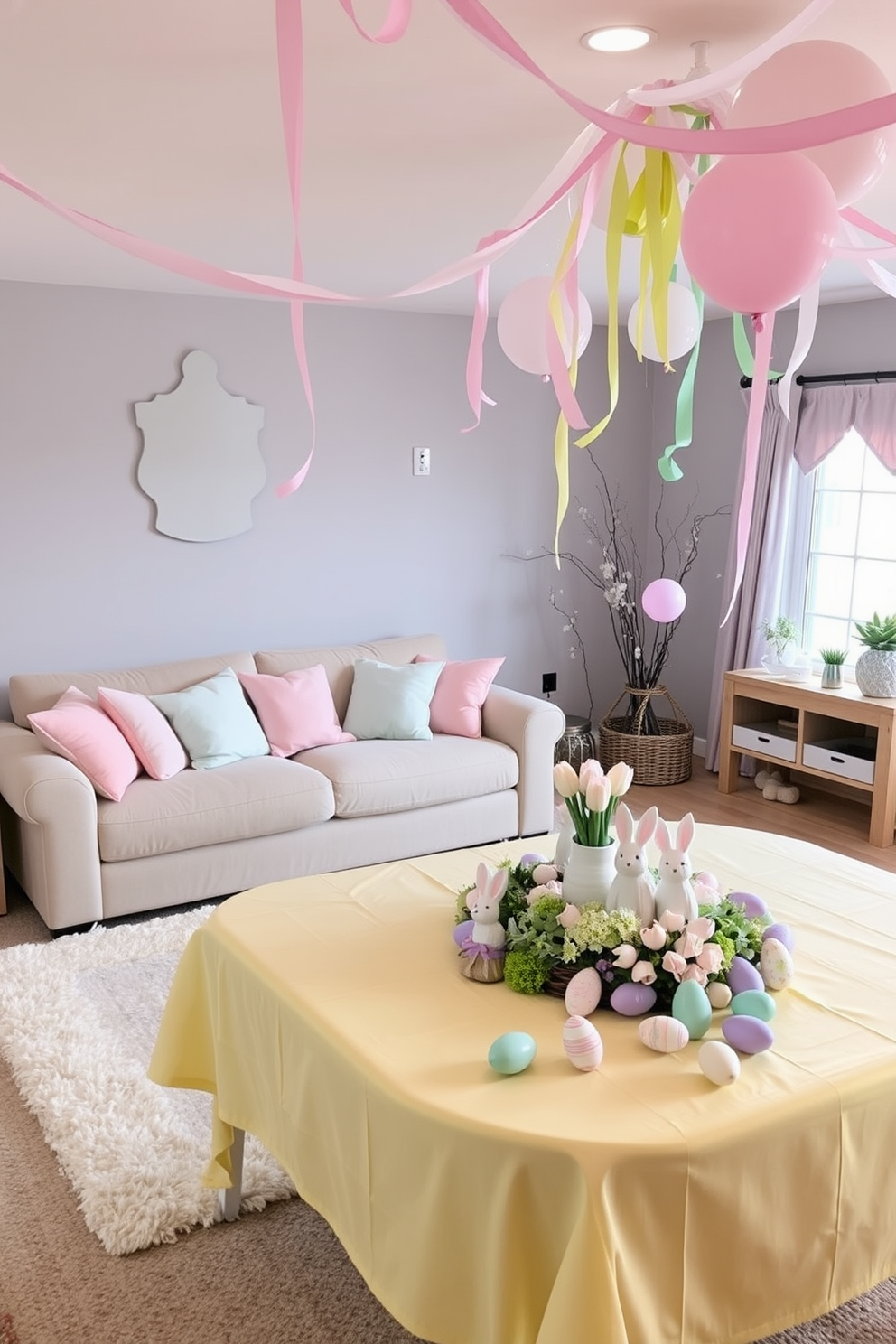 A cozy living room with a large, plush sofa adorned with pastel-colored throw pillows in shades of pink, mint, and lavender. The sofa is positioned against a light gray wall, and a soft, cream-colored rug lies underneath, adding warmth to the space. A vibrant basement decorated for Easter, featuring pastel-colored streamers and balloons hanging from the ceiling. A large table in the center is covered with a light yellow tablecloth, displaying an array of Easter-themed decorations, including painted eggs, bunny figurines, and a floral centerpiece.