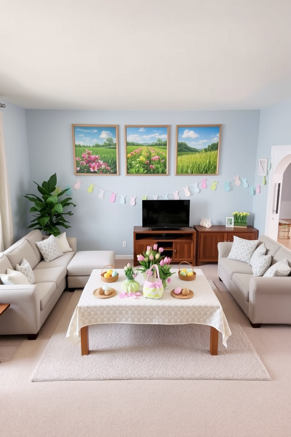 Seasonal artwork featuring spring landscapes. A cozy living room with a light gray sectional sofa and a wooden coffee table. Above the sofa, three framed paintings of vibrant spring landscapes hang side by side, showcasing blooming flowers, lush greenery, and clear blue skies. The walls are painted in a soft pastel blue, and a large potted plant sits in the corner, bringing a touch of nature indoors. Basement Easter decorating ideas. A spacious basement family room with a large sectional sofa in a neutral beige color and a wooden entertainment center. The walls are adorned with pastel-colored Easter decorations, including a garland of paper eggs and bunnies. A large table in the center of the room is set with an Easter-themed tablecloth, baskets filled with colorful eggs, and a vase of fresh tulips, creating a festive atmosphere.