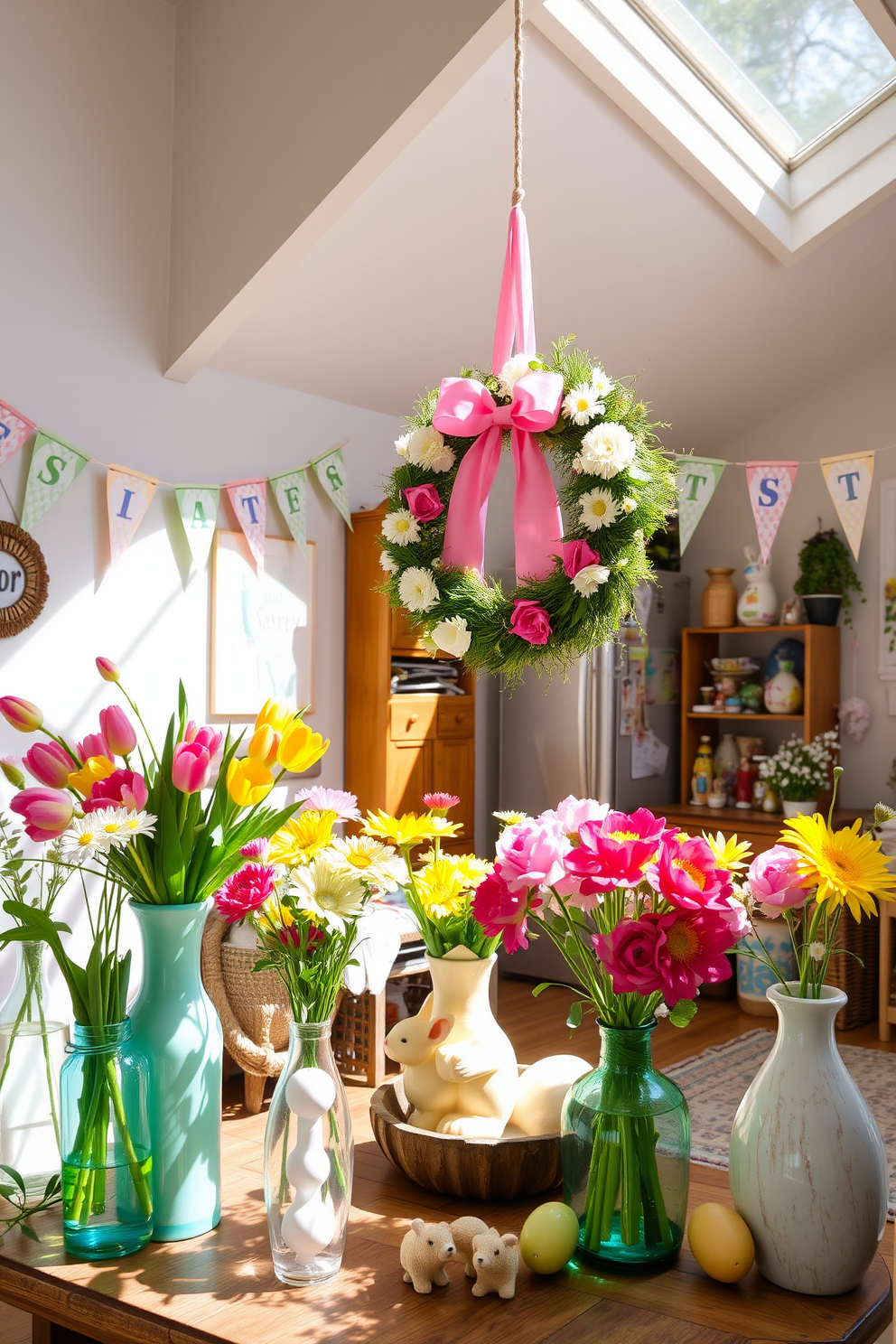 A sunlit room adorned with spring floral arrangements in various vases. The vases, in different shapes and sizes, hold vibrant tulips, daisies, and peonies, creating a lively and cheerful ambiance. A cozy basement transformed with Easter decorations. Pastel-colored banners, bunny figurines, and egg-shaped ornaments are artfully placed around the room, with a centerpiece of a large Easter wreath hanging above a rustic wooden table.