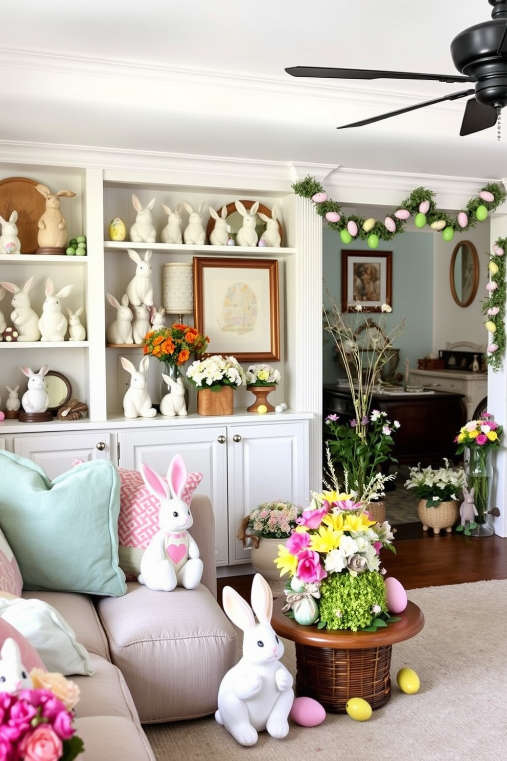 A cozy, whimsical living room adorned with bunny figurines. Shelves and tables are decorated with an assortment of ceramic and plush bunny figures, each adding a touch of charm and playfulness to the space. A vibrant basement transformed for Easter celebrations. The room is filled with pastel-colored decorations, including bunny figurines, egg garlands, and floral arrangements, creating a festive and inviting environment.