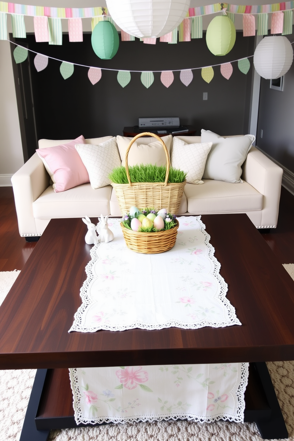 An Easter-themed table runner for a coffee table. A pastel-colored table runner with delicate floral patterns and Easter egg motifs is spread across a sleek, dark wood coffee table. At the center, a small wicker basket filled with dyed eggs and spring flowers adds a festive touch. Flanking the basket are two ceramic bunnies, and the edges of the runner are adorned with lace trim. Basement Easter decorating ideas. Transform a cozy basement space into an Easter haven by draping pastel-colored bunting across the ceiling and hanging paper lanterns shaped like Easter eggs. Arrange a seating area with plush cushions in soft spring hues and place a large wicker basket filled with faux grass and decorated eggs in the center.