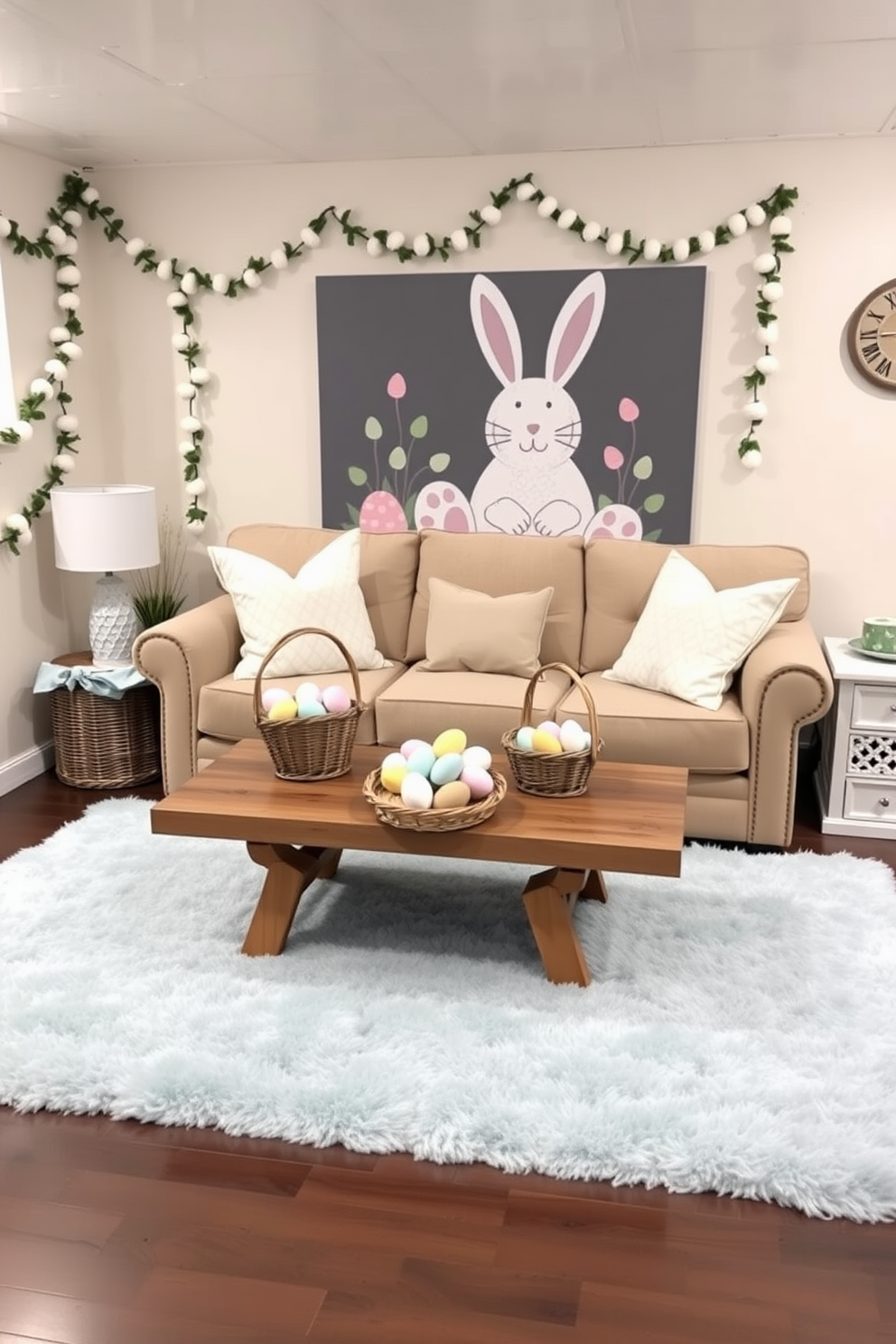 A cozy basement decorated for Easter. Decorative baskets filled with faux eggs are placed on a wooden coffee table, surrounded by pastel-colored throw pillows on a comfortable beige sofa. The walls are adorned with festive Easter garlands and a large bunny-themed wall art. A soft, light blue rug covers the floor, enhancing the springtime ambiance.