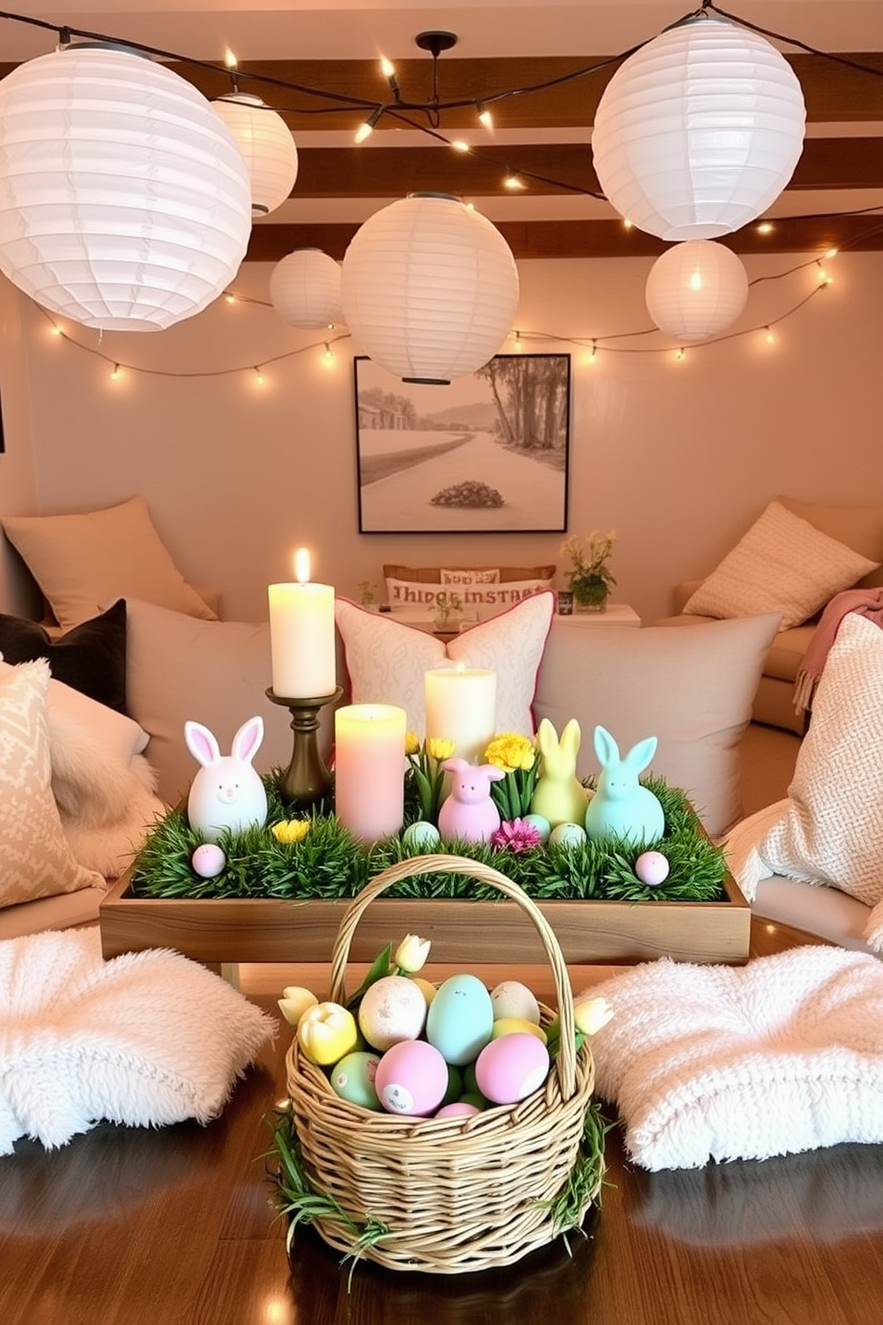 An inviting Easter-themed display features candles in pastel-colored decorative holders shaped like eggs and bunnies. These are arranged on a wooden tray with a bed of artificial grass, surrounded by small, colorful Easter eggs and fresh spring flowers. A cozy basement transformed into an Easter wonderland, with string lights and paper lanterns hanging from the ceiling. The space is adorned with soft, pastel-colored throw pillows and blankets, and a central table decorated with an Easter-themed centerpiece, including a basket filled with painted eggs and a vase of tulips.