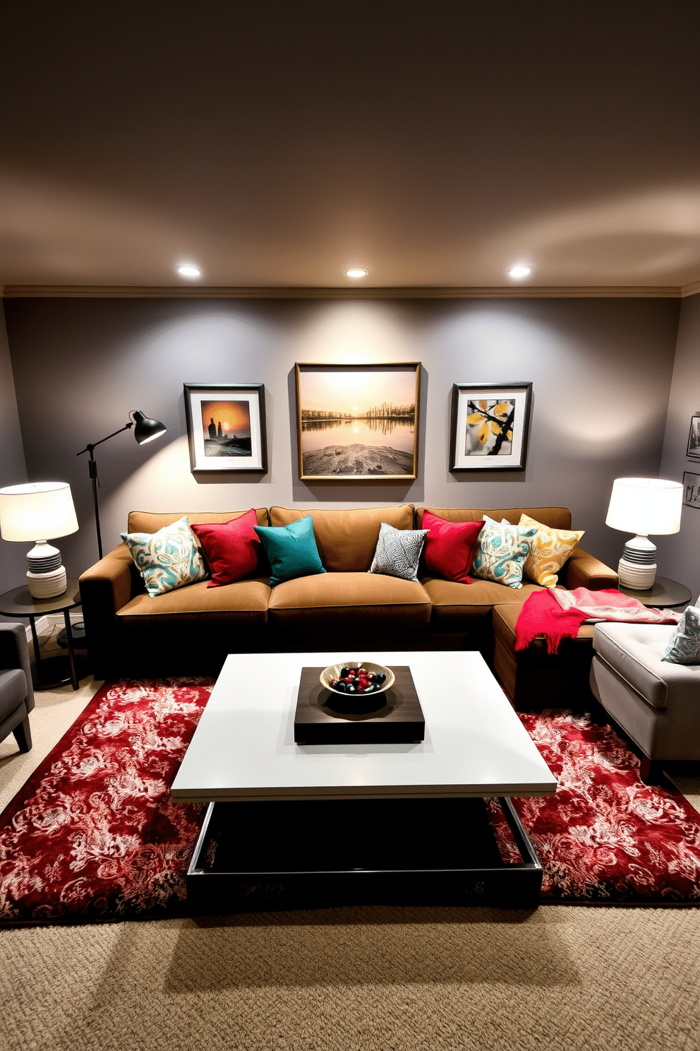 A cozy sectional sofa is positioned in the center of the basement family room, adorned with colorful pillows that add a vibrant touch. Soft, ambient lighting comes from stylish floor lamps, creating a warm and inviting atmosphere for family gatherings. The walls are painted in a soft beige, complemented by a plush area rug that anchors the seating area. A sleek entertainment unit is mounted on the wall, providing a modern touch while accommodating the latest technology for movie nights.