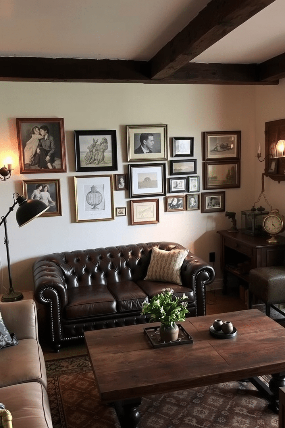 A cozy basement family room featuring vintage decor elements. The room is adorned with a mix of antique furniture, including a tufted leather sofa and a reclaimed wood coffee table, creating a warm and inviting atmosphere. Soft ambient lighting is provided by a combination of vintage floor lamps and wall sconces, casting a gentle glow over the space. A gallery wall filled with eclectic framed art pieces adds character, while a patterned area rug ties the room together.