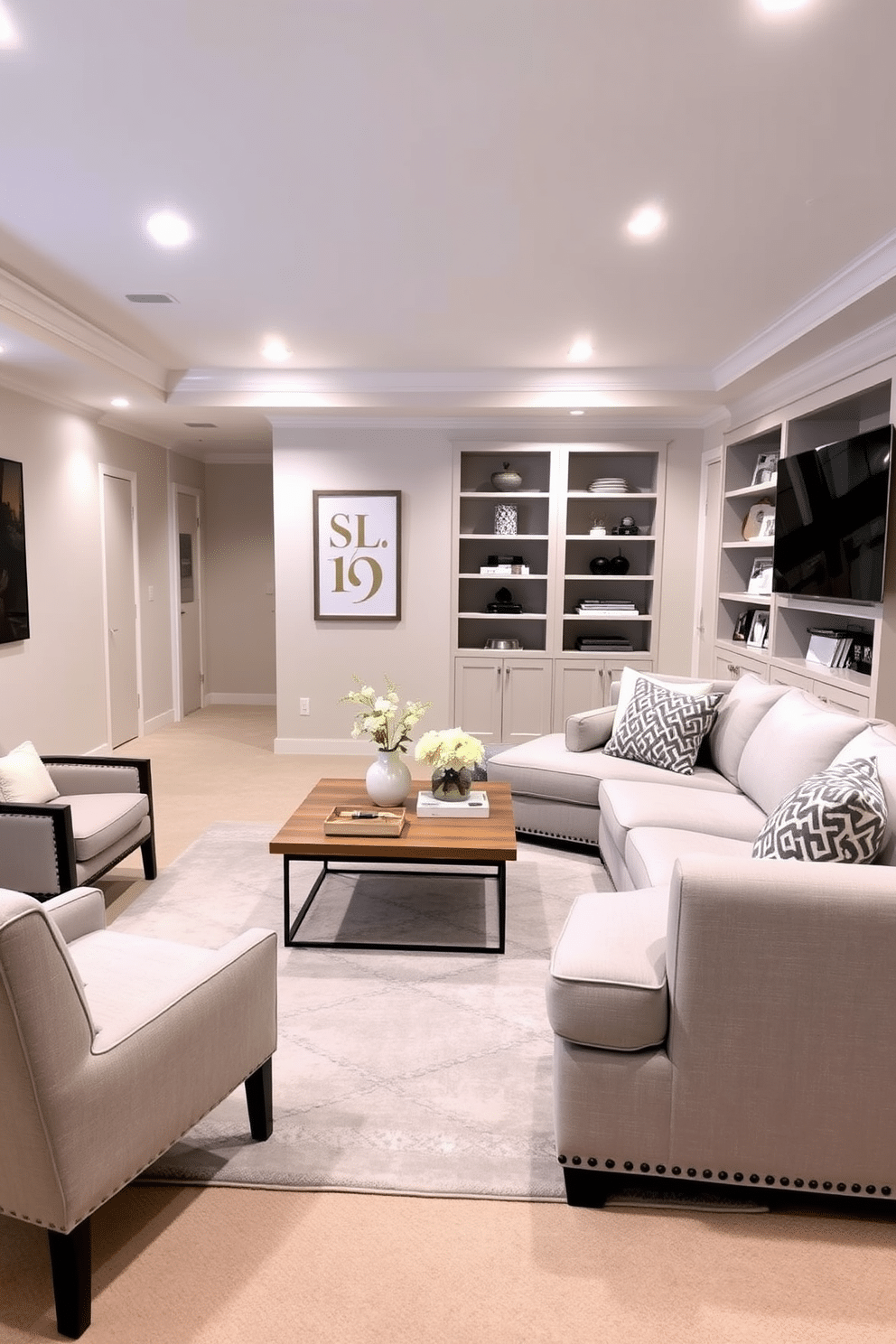 A cozy basement family room featuring a neutral color palette that promotes a calming vibe. Soft beige walls complement a plush light gray sectional sofa adorned with textured throw pillows. The space includes a large area rug in subtle tones, anchoring the seating area. A wooden coffee table sits at the center, surrounded by stylish accent chairs, and a built-in bookshelf displays curated decor and family photos.