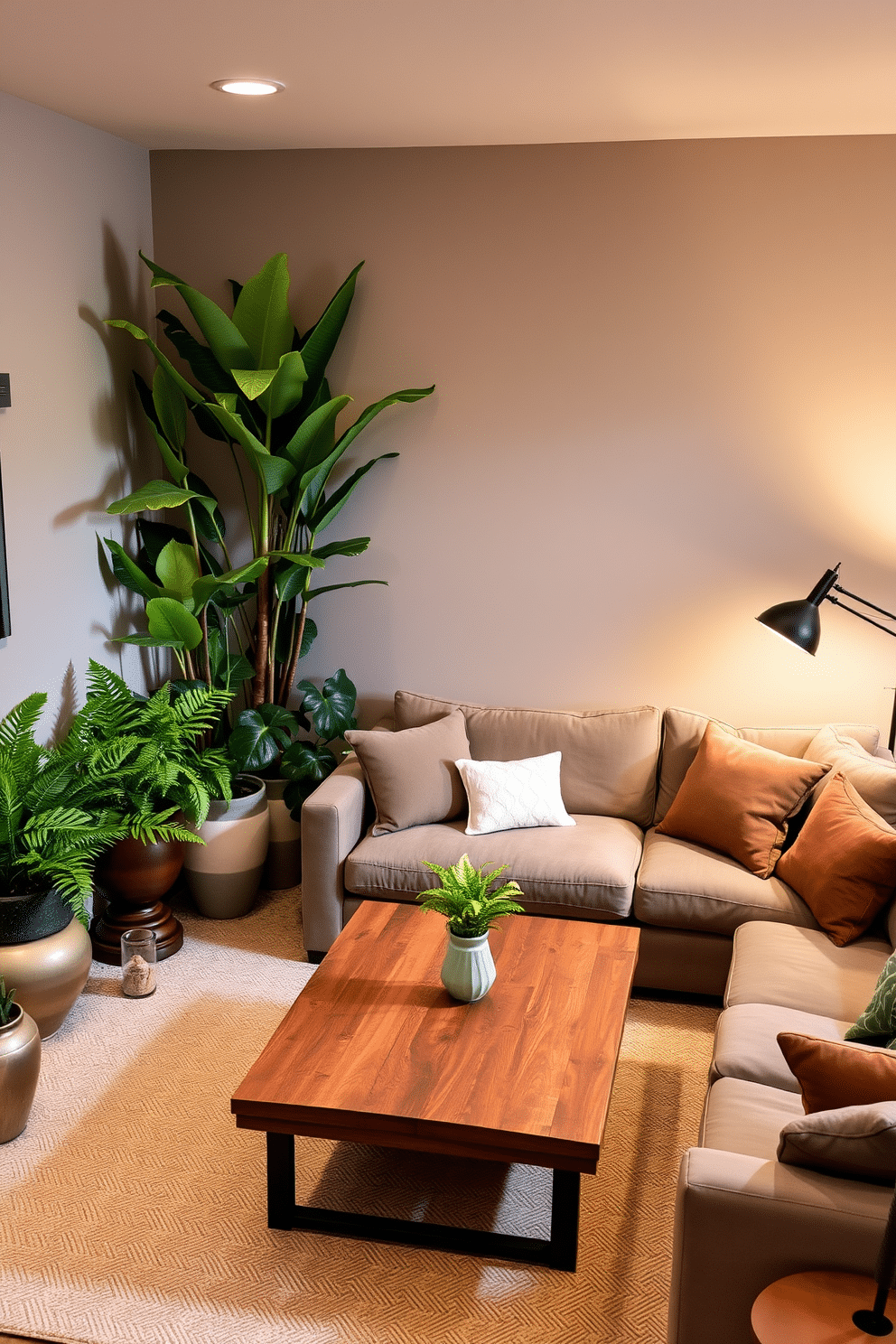 A vibrant indoor plant arrangement fills the corner of the room, featuring lush ferns and a tall fiddle leaf fig that adds height and texture. The plants are placed in elegant ceramic pots, enhancing the decor while promoting fresh air circulation throughout the space. The basement family room is designed with a cozy sectional sofa in a soft gray fabric, paired with a rustic wooden coffee table at the center. Warm ambient lighting is provided by stylish floor lamps, creating an inviting atmosphere for family gatherings and movie nights.