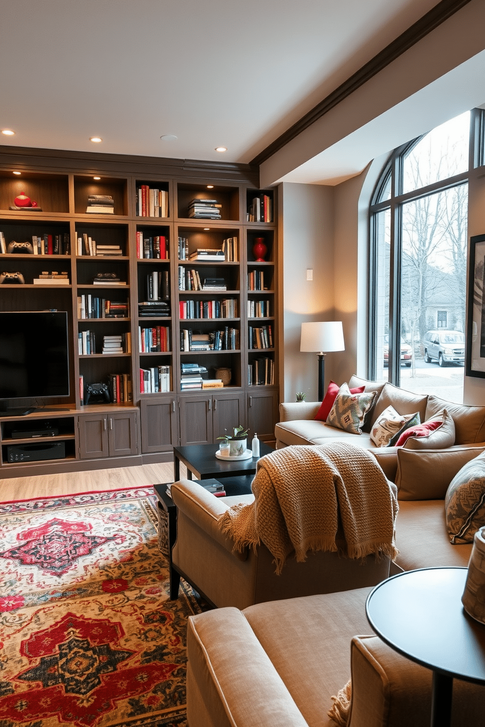 Cozy reading nook with built-in bookshelves. The nook features a plush armchair in soft, neutral fabric, positioned next to a large window that allows natural light to flood the space. Built-in bookshelves line the walls, filled with an eclectic mix of books and decorative items. A warm, textured throw blanket is draped over the armchair, and a small side table holds a steaming cup of tea. Basement Family Room Design Ideas. The family room boasts a spacious layout with comfortable sectional seating arranged around a modern coffee table. Soft lighting fixtures create a warm ambiance, while a large entertainment unit houses a flat-screen TV and gaming consoles. Vibrant area rugs add color to the room, and framed artwork adorns the walls, making the space inviting and cozy for family gatherings.