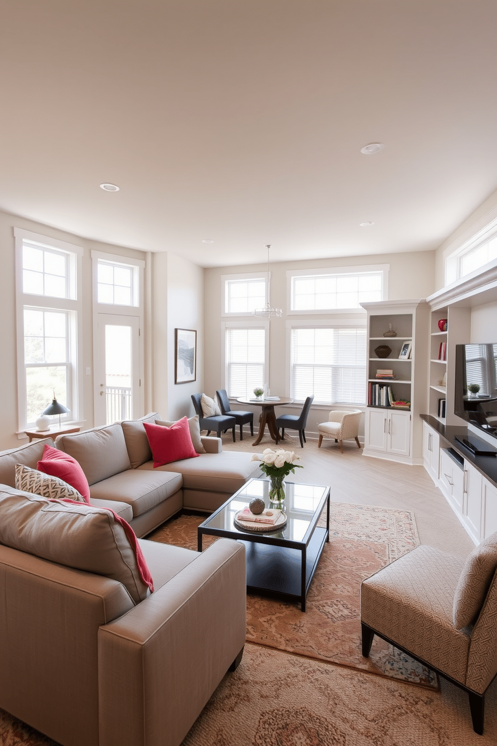 A bright and airy basement family room features an open layout that seamlessly connects to the adjacent spaces, creating a spacious feel. Large windows allow natural light to flood in, highlighting the cozy seating area with a plush sectional sofa and a stylish coffee table. The walls are painted in a soft, neutral tone, enhancing the sense of openness, while accent pillows add a pop of color. A sleek entertainment center is positioned against one wall, complemented by built-in shelves displaying books and decorative items.