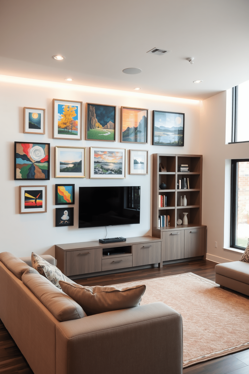 A stunning art gallery wall features an eclectic mix of framed artwork, including vibrant abstract pieces and serene landscapes, arranged in a visually appealing layout. The wall is painted in a soft white to enhance the colors of the art, while stylish LED lights highlight each piece, creating a warm and inviting atmosphere. The basement family room is designed for comfort and entertainment, featuring a plush sectional sofa in a neutral tone and a large area rug that adds warmth to the space. A sleek media console houses a flat-screen TV, and built-in shelves display books and decorative items, while large windows bring in natural light, making the room feel bright and welcoming.