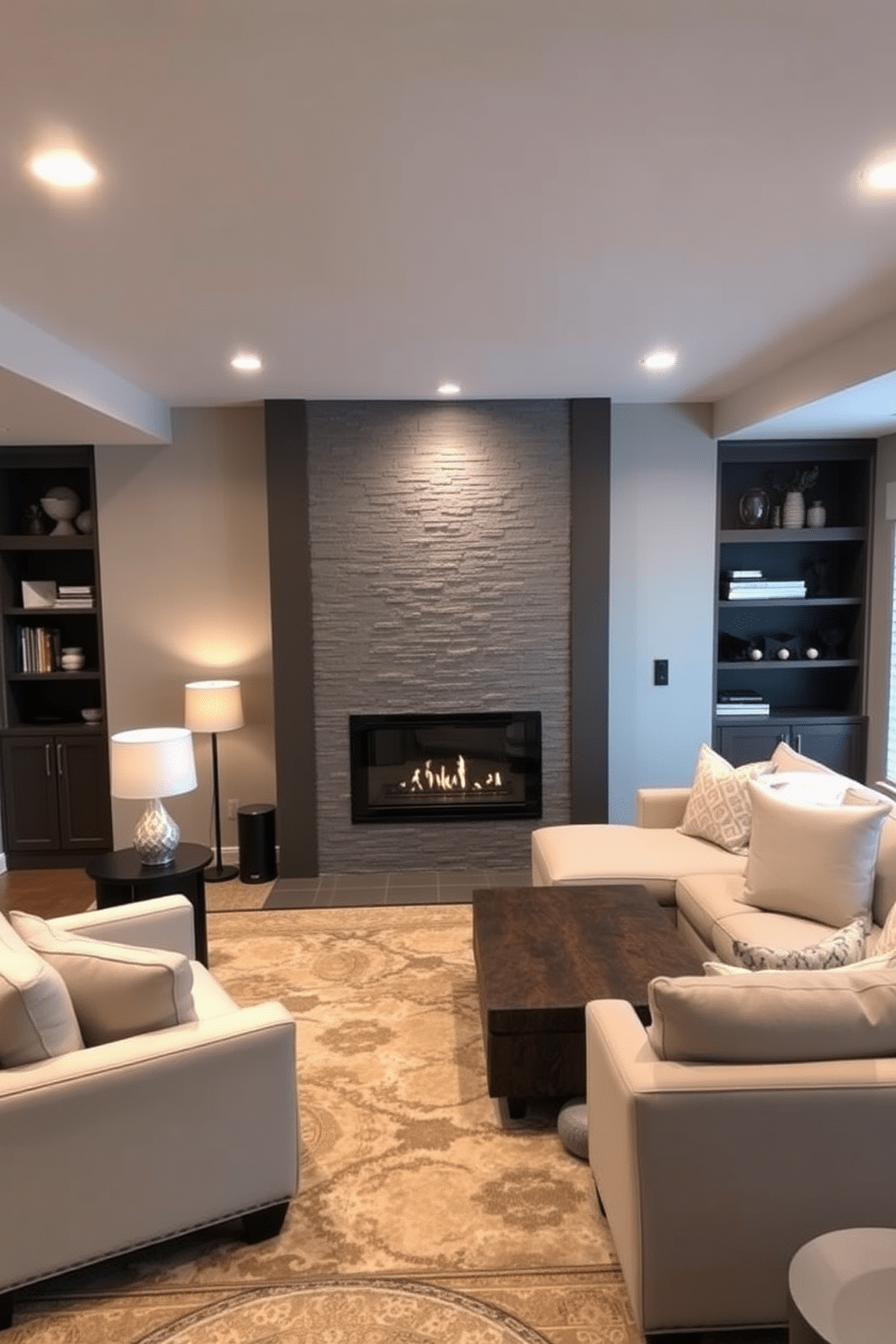 A cozy basement family room featuring a modern fireplace that serves as the focal point. The fireplace is surrounded by a sleek stone facade, with a comfortable sectional sofa arranged in a U-shape for optimal seating and conversation. Soft, ambient lighting is provided by recessed lights and stylish floor lamps, creating a warm atmosphere. A large area rug anchors the seating area, while built-in shelves display books and decorative items, adding personality to the space.