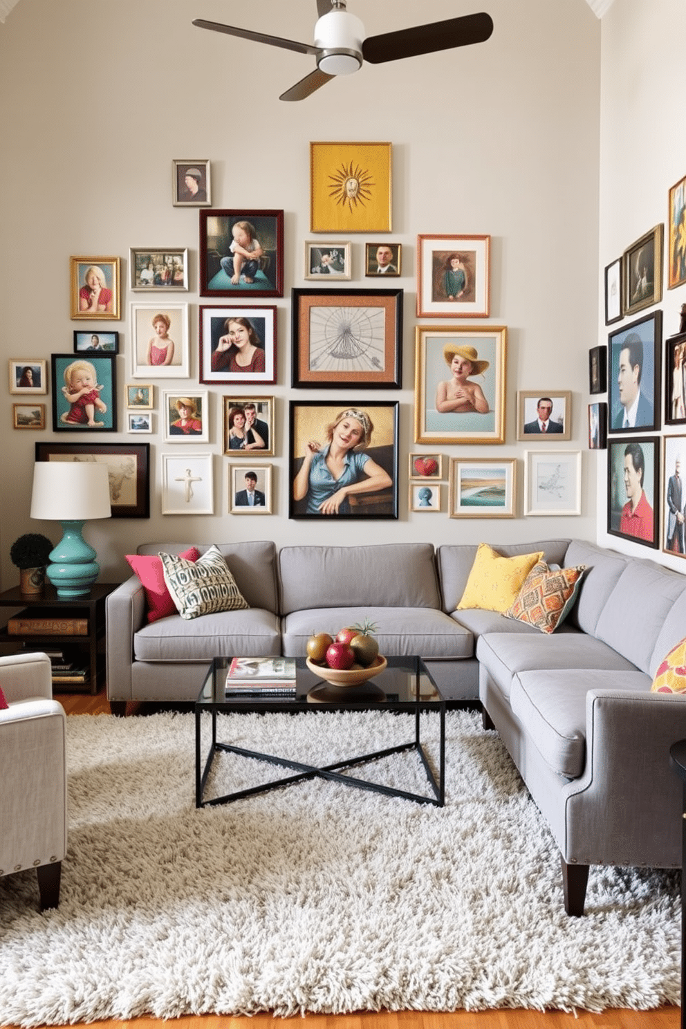 A vibrant family room with creative wall art that adds visual interest. The walls are adorned with an eclectic mix of framed paintings and photographs, creating a dynamic focal point. The room features a cozy sectional sofa in a soft gray fabric, complemented by colorful throw pillows. A stylish coffee table sits in the center, surrounded by a plush area rug that ties the space together.