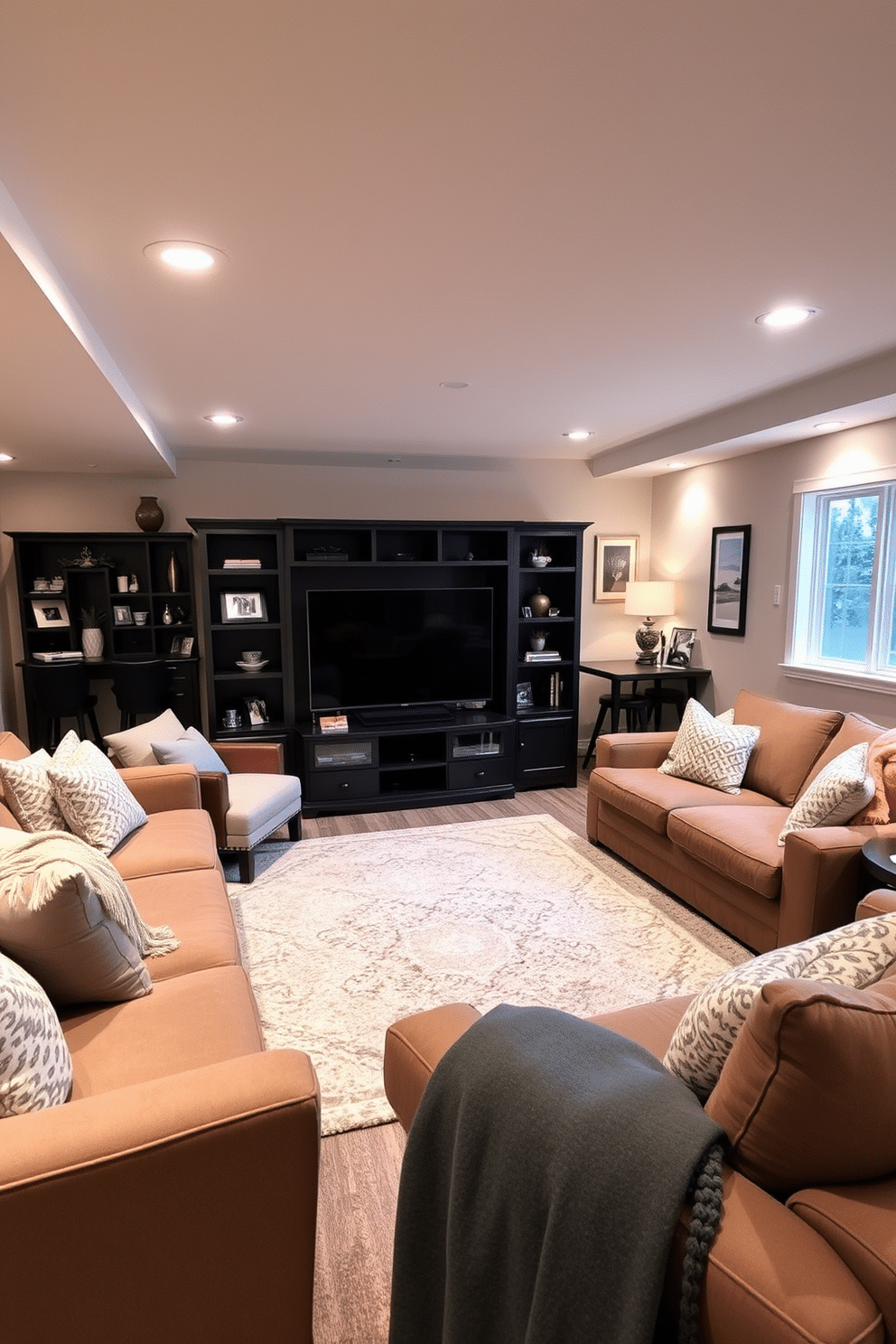 A cozy basement family room features plush sofas adorned with soft, textured throw pillows and a large, inviting area rug that adds warmth to the space. Natural light filters in through strategically placed windows, while a modern entertainment center serves as the focal point, surrounded by tasteful decor and family photos. The walls are painted in a soft, neutral tone, complemented by accent lighting that creates an inviting atmosphere for movie nights. A small kitchenette area with a stylish bar counter and stools provides convenience for snacks and drinks, enhancing the family-friendly vibe of the room.