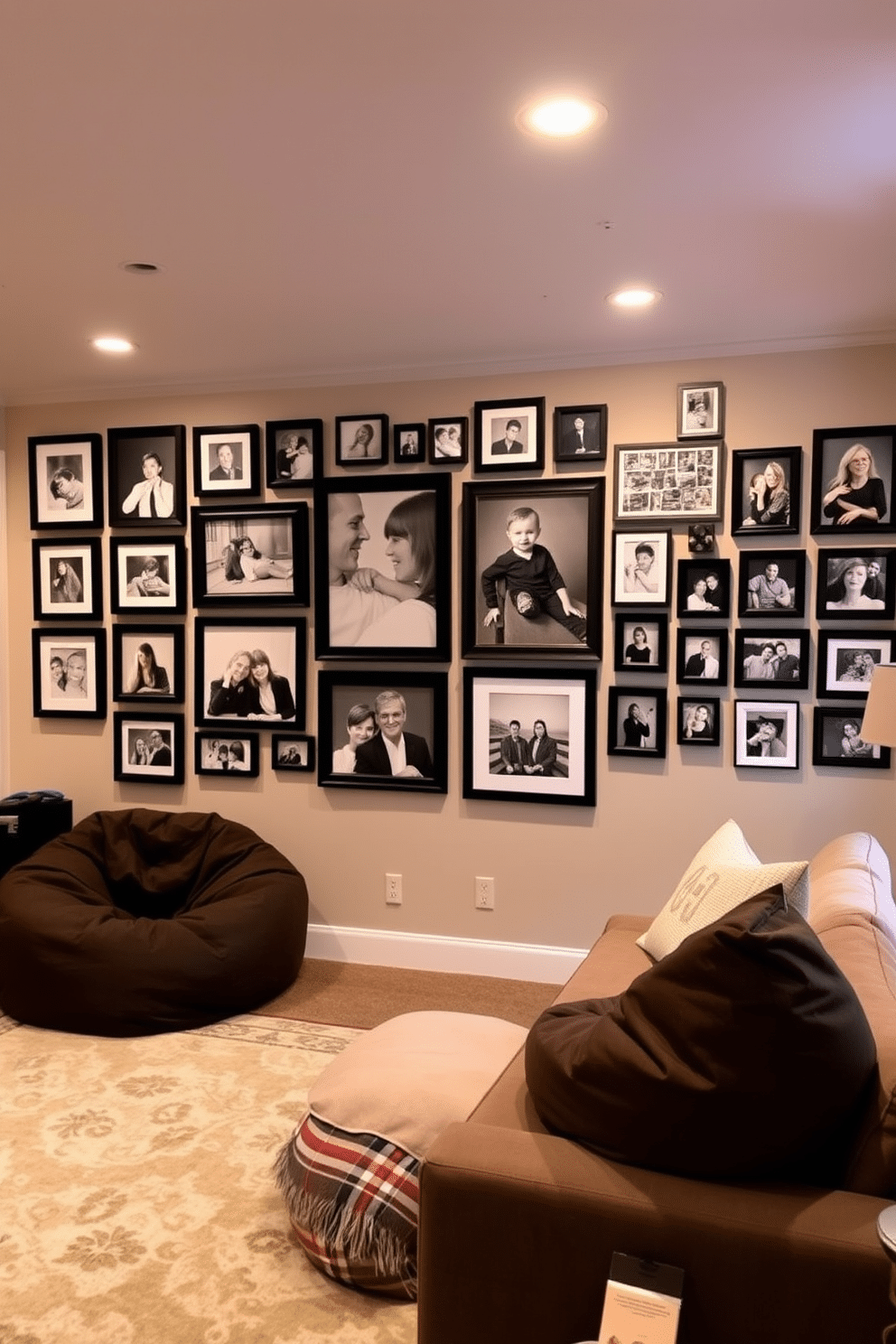 A family photo wall adorned with a mix of framed pictures in various sizes, showcasing cherished memories and moments. The wall features a combination of black and white frames, with a few colorful accents, creating a warm and inviting atmosphere. The basement family room is designed with cozy seating options, including a plush sectional sofa and oversized bean bags. Soft, ambient lighting complements the space, while a large area rug adds comfort and ties the room together.