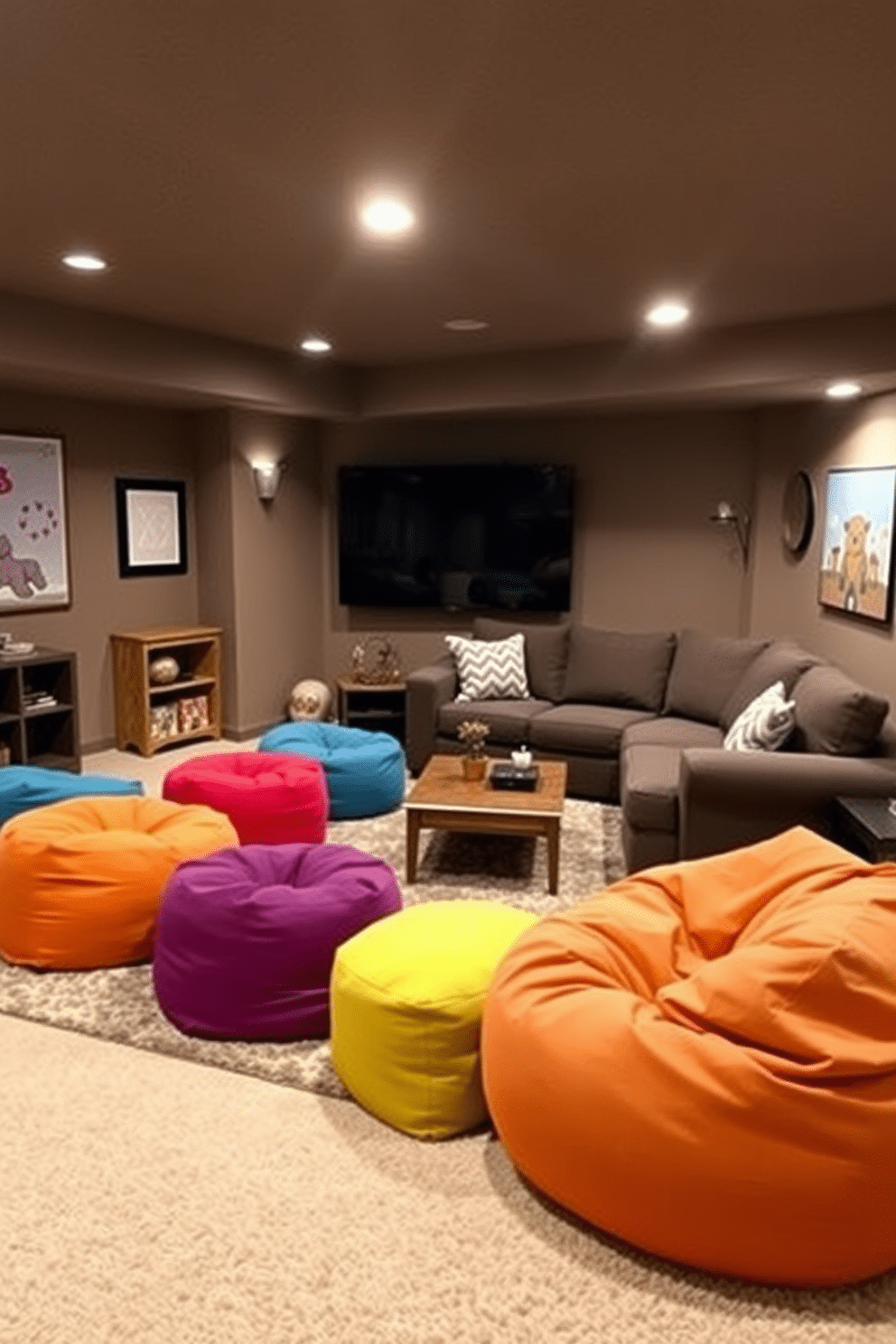 A cozy basement family room designed for relaxation and entertainment. The space features flexible seating options, including colorful poufs and oversized bean bags scattered around a low coffee table. Soft ambient lighting creates a warm atmosphere, while a large sectional sofa anchors the room. The walls are adorned with playful artwork, and a plush area rug adds comfort underfoot, inviting family gatherings and movie nights.