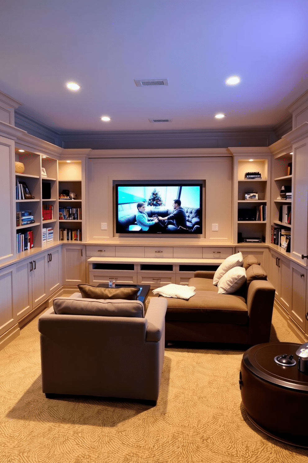 A cozy basement family room designed for relaxation and entertainment. The space features a comfortable sectional sofa in a soft gray fabric, paired with a sleek coffee table made of reclaimed wood. In one corner, a mini fridge is seamlessly integrated into the cabinetry, stocked with snacks and drinks for easy access. The walls are painted in a warm beige tone, complemented by soft ambient lighting that creates a welcoming atmosphere.