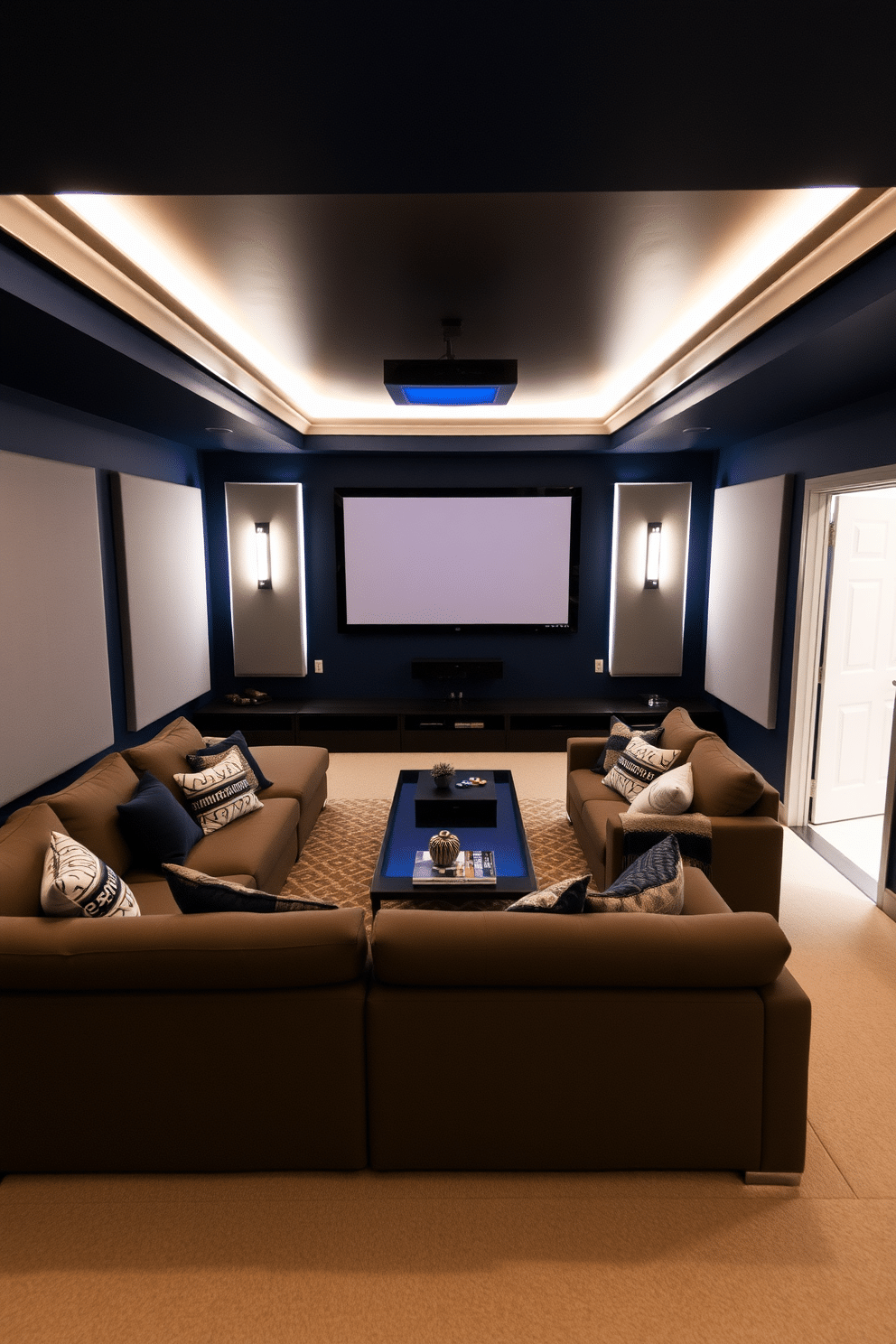 A luxurious basement family room designed for an immersive theater experience. The room features a large, plush sectional sofa facing a sleek, wall-mounted movie projector screen, with ambient lighting that can be adjusted for movie nights. The walls are painted a deep navy blue, creating a cozy atmosphere, while soundproofing panels enhance audio quality. A stylish coffee table sits in the center, surrounded by soft throw blankets and decorative pillows, making it the perfect spot for family gatherings.