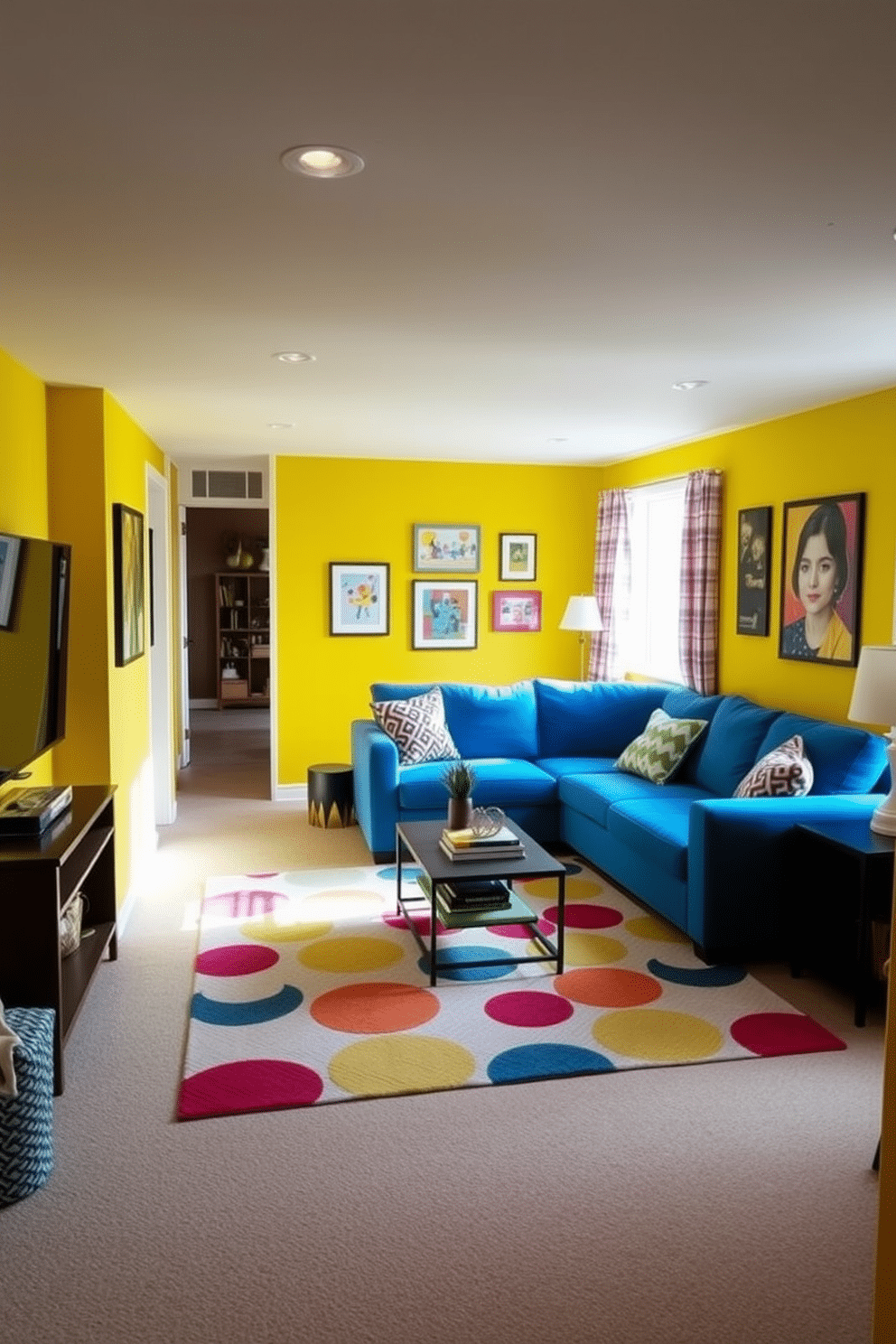 A vibrant basement family room filled with natural light. The walls are painted in a bright yellow hue, creating an uplifting atmosphere, complemented by colorful artwork and playful decor. The space features a cozy sectional sofa in a bold blue fabric, accented with patterned throw pillows. A large area rug in cheerful colors anchors the seating area, while a stylish coffee table provides a central gathering point for family activities.