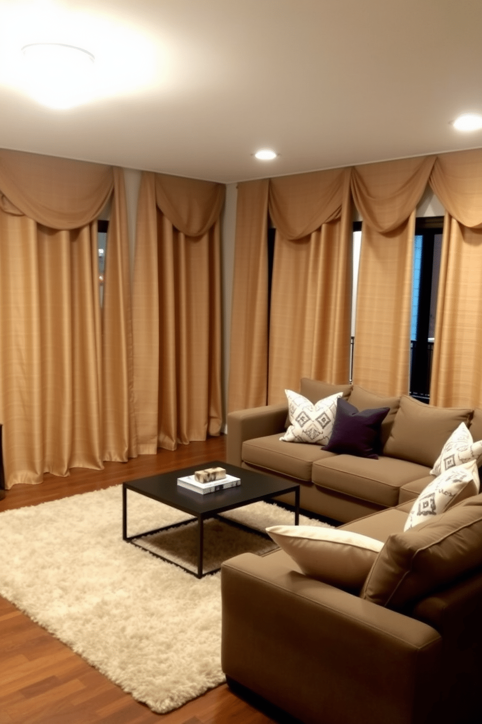 A cozy basement family room designed for relaxation and entertainment. The space features plush seating arrangements with a large sectional sofa and a stylish coffee table at the center, surrounded by soft area rugs. Soundproofing materials are integrated into the design, with acoustic panels on the walls and a thick carpet that absorbs sound. Large windows with heavy drapes allow natural light while maintaining privacy and enhancing the room’s tranquility.