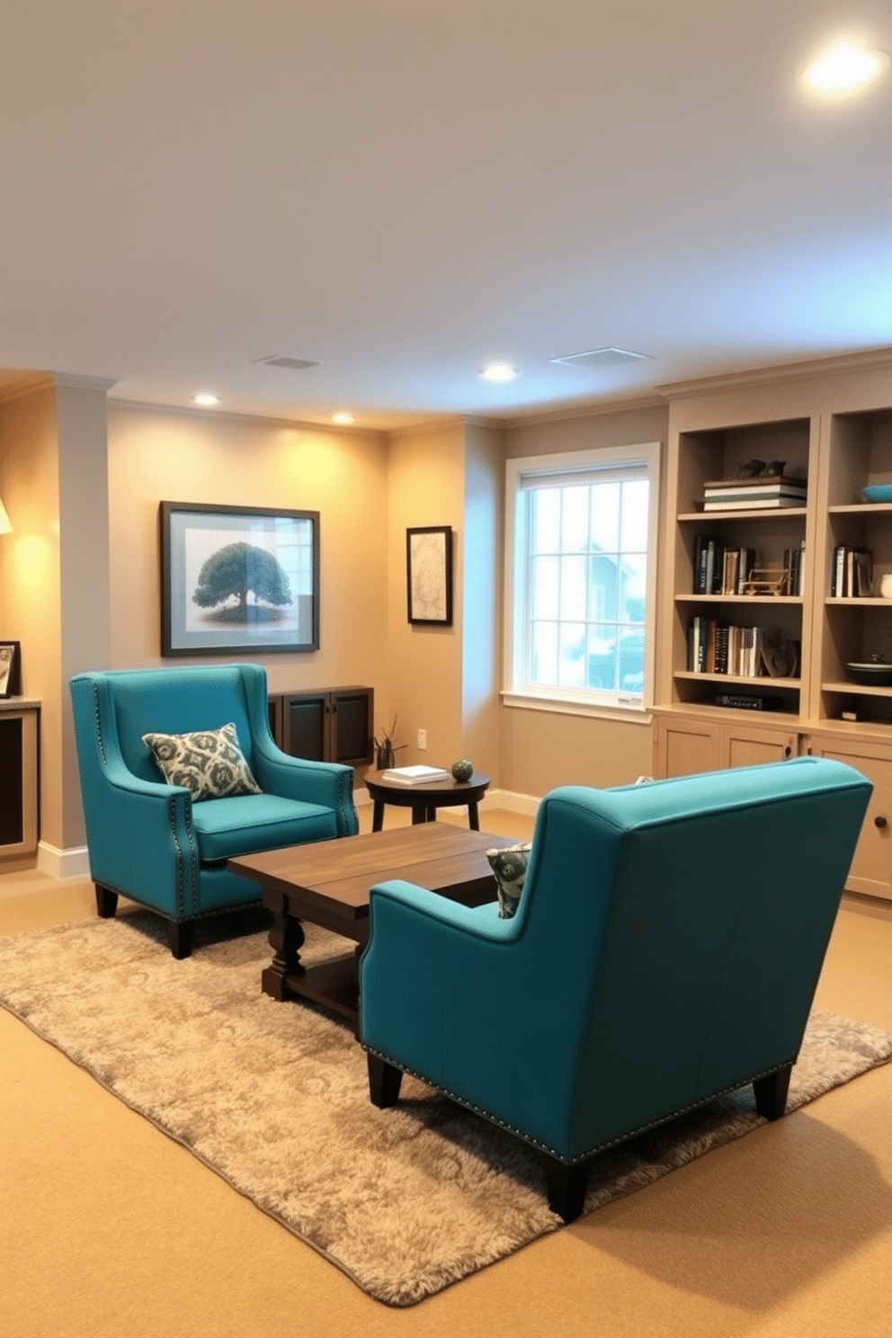 A cozy basement family room featuring a large sectional sofa in a muted gray fabric, accented with colorful throw pillows. Bright artwork hangs on the walls, showcasing vibrant abstract pieces that add energy and personality to the space. In the corner, a stylish coffee table made of reclaimed wood sits atop a soft area rug, providing a warm contrast to the cool tones of the room. Soft lighting from floor lamps and recessed ceiling lights creates an inviting atmosphere for family gatherings and movie nights.