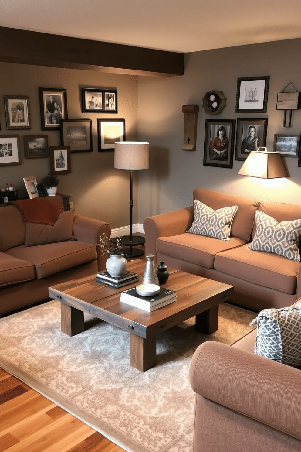 A rustic coffee table made of reclaimed wood sits at the center of a cozy basement family room, surrounded by plush sofas in earth tones. Soft, ambient lighting from a vintage-style floor lamp casts a warm glow, enhancing the inviting atmosphere of the space. The walls are adorned with a mix of framed family photos and rustic decor elements, creating a personal touch. A patterned area rug anchors the seating area, while a collection of books and decorative items adorn the coffee table, adding character and charm.