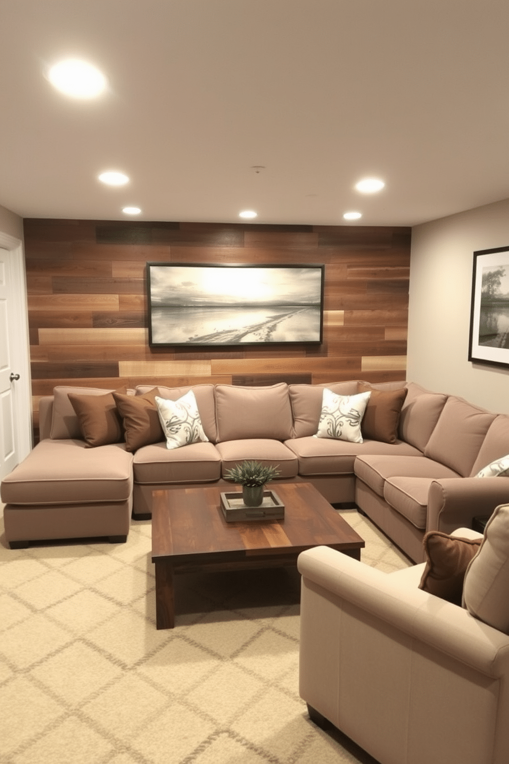 A cozy basement family room featuring warm lighting from stylish floor lamps and elegant sconces. The walls are painted in a soft beige, creating a welcoming atmosphere, while plush seating arrangements in rich, earthy tones invite relaxation. A large area rug anchors the space, complementing the wooden coffee table at the center. Decorative shelves line the walls, displaying books and personal mementos, adding a touch of personality to the room.