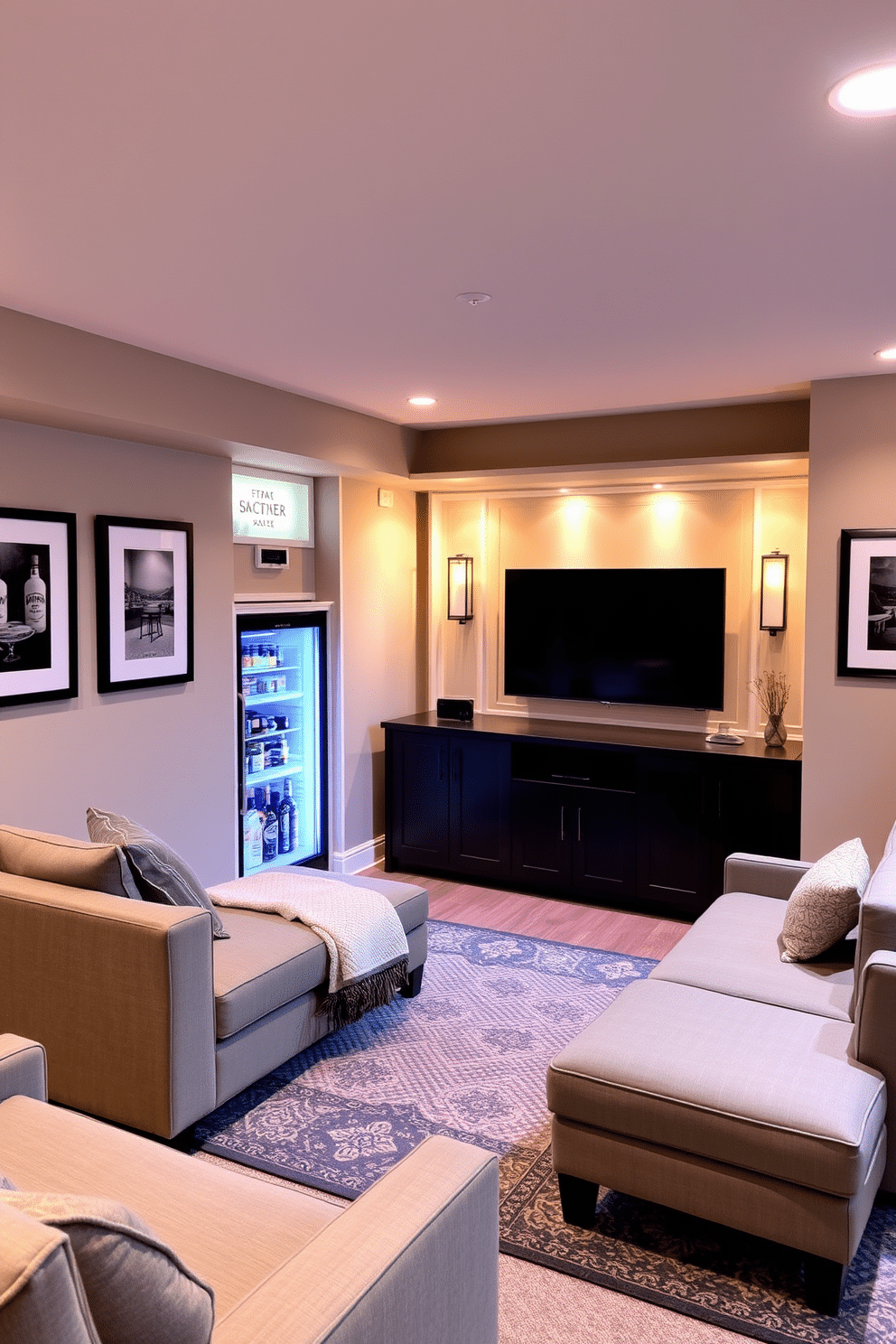 A stylish basement family room featuring a beverage fridge for convenience. The space is designed with a cozy sectional sofa, a large flat-screen TV mounted on the wall, and warm ambient lighting to create an inviting atmosphere. The beverage fridge is seamlessly integrated into a custom-built cabinetry unit, providing easy access to drinks while entertaining. Soft area rugs define the seating area, and framed artwork adorns the walls, adding personality to the room.