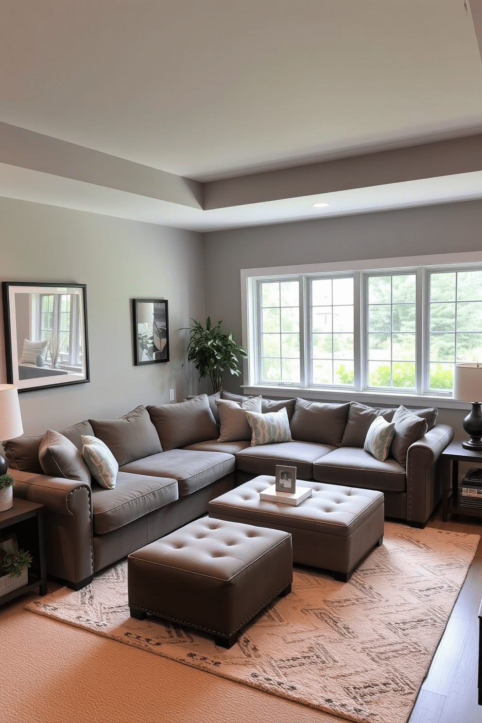 A cozy family room designed for a basement setting features a plush sectional sofa that can be converted into a bed for guests. The walls are painted a soft gray, and large windows allow natural light to filter in, creating an inviting atmosphere. Multi-functional furniture is strategically placed throughout the space, including a coffee table that doubles as storage and an ottoman that can serve as extra seating. Decorative elements like throw pillows and a soft area rug add warmth and personality to the room, making it perfect for family gatherings.