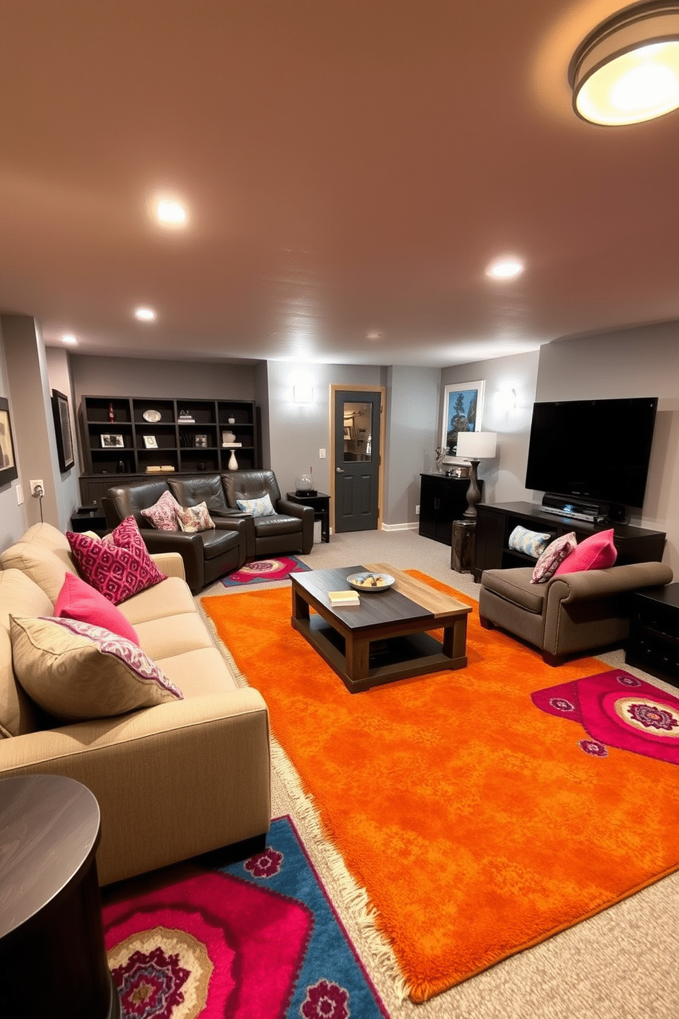 A cozy basement family room featuring bright area rugs that add vibrant color to the space. The room includes a plush sectional sofa in a neutral tone, complemented by colorful throw pillows, and a large coffee table made of reclaimed wood at the center. On one side, a home theater setup with a large screen and comfortable seating creates an inviting entertainment area. The walls are painted in a soft gray, while warm lighting fixtures provide a welcoming ambiance throughout the room.