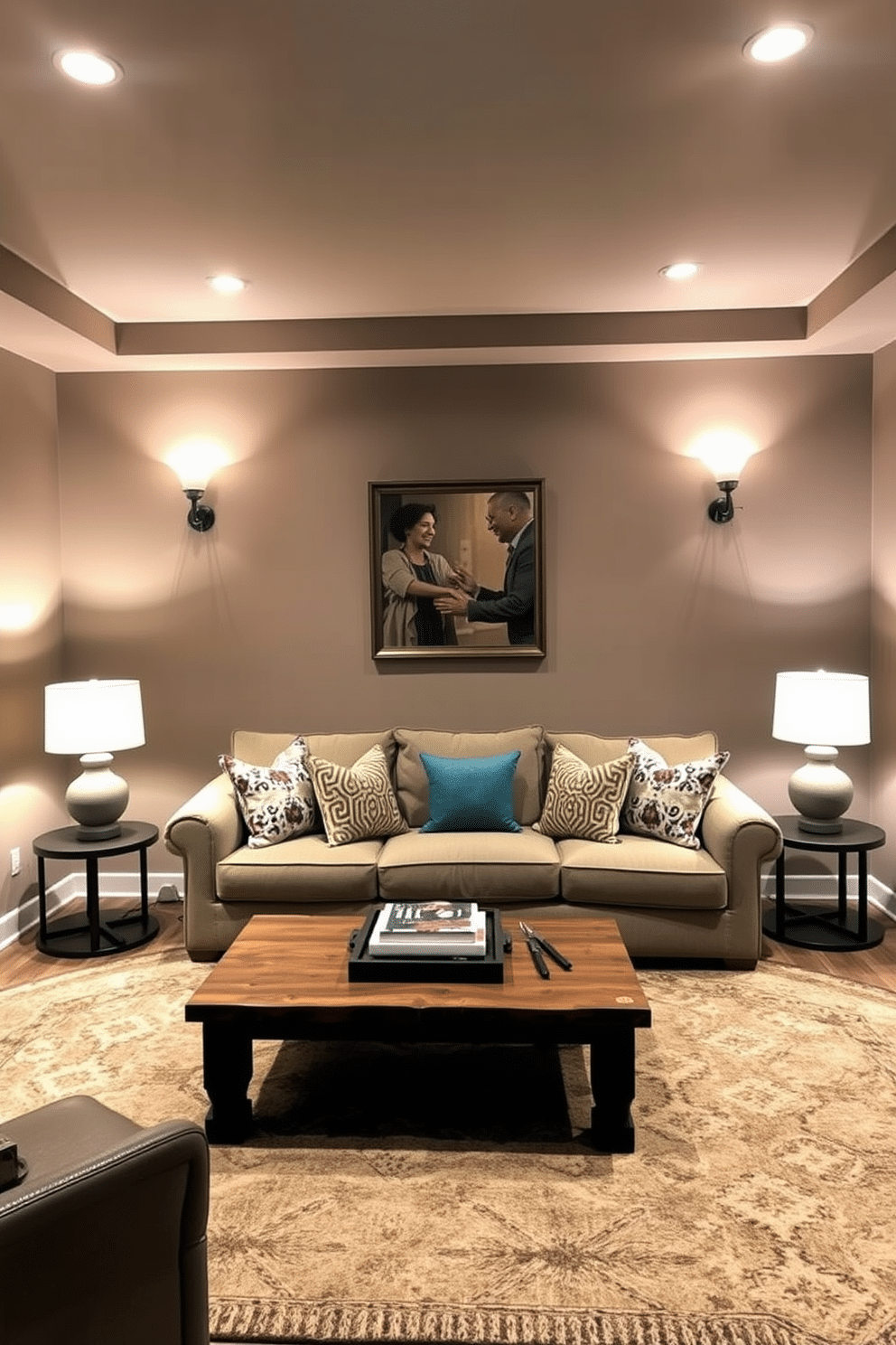 A cozy basement family room featuring soft lighting created by elegant floor lamps and stylish sconces. The walls are painted in a warm taupe, and plush seating options include a large sectional sofa adorned with colorful throw pillows. In the center, a rustic wooden coffee table holds a stack of books and a decorative tray. A large area rug anchors the space, adding texture and warmth to the room.