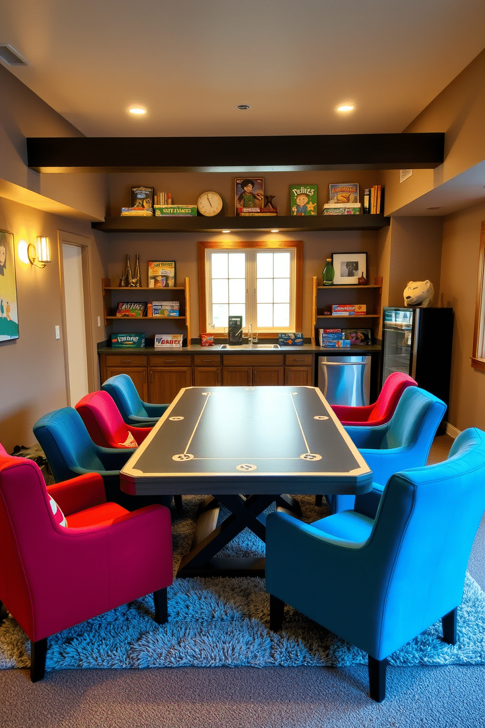 A cozy basement family room designed for entertainment features a large game table at its center, surrounded by comfortable chairs in a mix of vibrant colors. Soft, ambient lighting illuminates the space, creating a welcoming atmosphere for family game nights. The walls are adorned with playful artwork and shelves filled with board games, while a plush area rug anchors the seating area. Large windows provide natural light, and a mini-fridge is conveniently placed nearby for snacks and drinks.