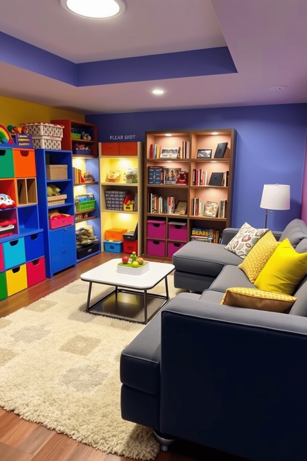 A vibrant play area designed for children, featuring colorful storage solutions for toys. The walls are painted in cheerful hues, and a soft, plush rug covers the floor for comfort during playtime. A cozy basement family room that combines comfort and style, with a large sectional sofa and a sleek coffee table at the center. The space is illuminated by warm lighting, and shelves filled with books and games create an inviting atmosphere for family gatherings.