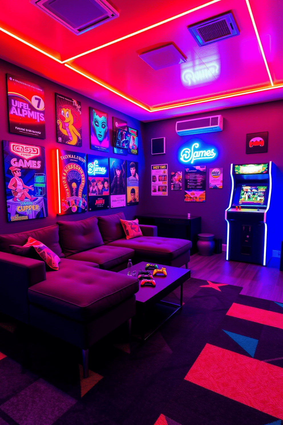 An arcade-themed game room filled with vibrant neon lights creates an electrifying atmosphere. The walls are adorned with retro game posters, and a sleek arcade cabinet stands prominently in the corner. In the center, a plush sectional sofa invites relaxation, complemented by a low coffee table featuring game controllers and snacks. The floor is covered in a black carpet with colorful geometric patterns, enhancing the playful vibe of the space.