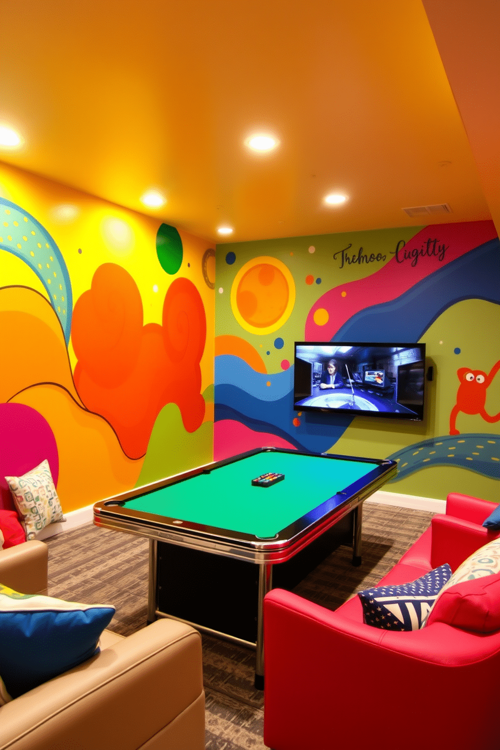 Bright wall murals create a vibrant atmosphere, featuring bold colors and playful designs that energize the space. The murals can depict abstract patterns or whimsical scenes, enhancing the overall aesthetic and mood of the room. For a basement game room, consider a layout that incorporates comfortable seating, a large gaming table, and various entertainment options. Use bright accent colors and fun decor elements to create an inviting and playful environment perfect for relaxation and socializing.