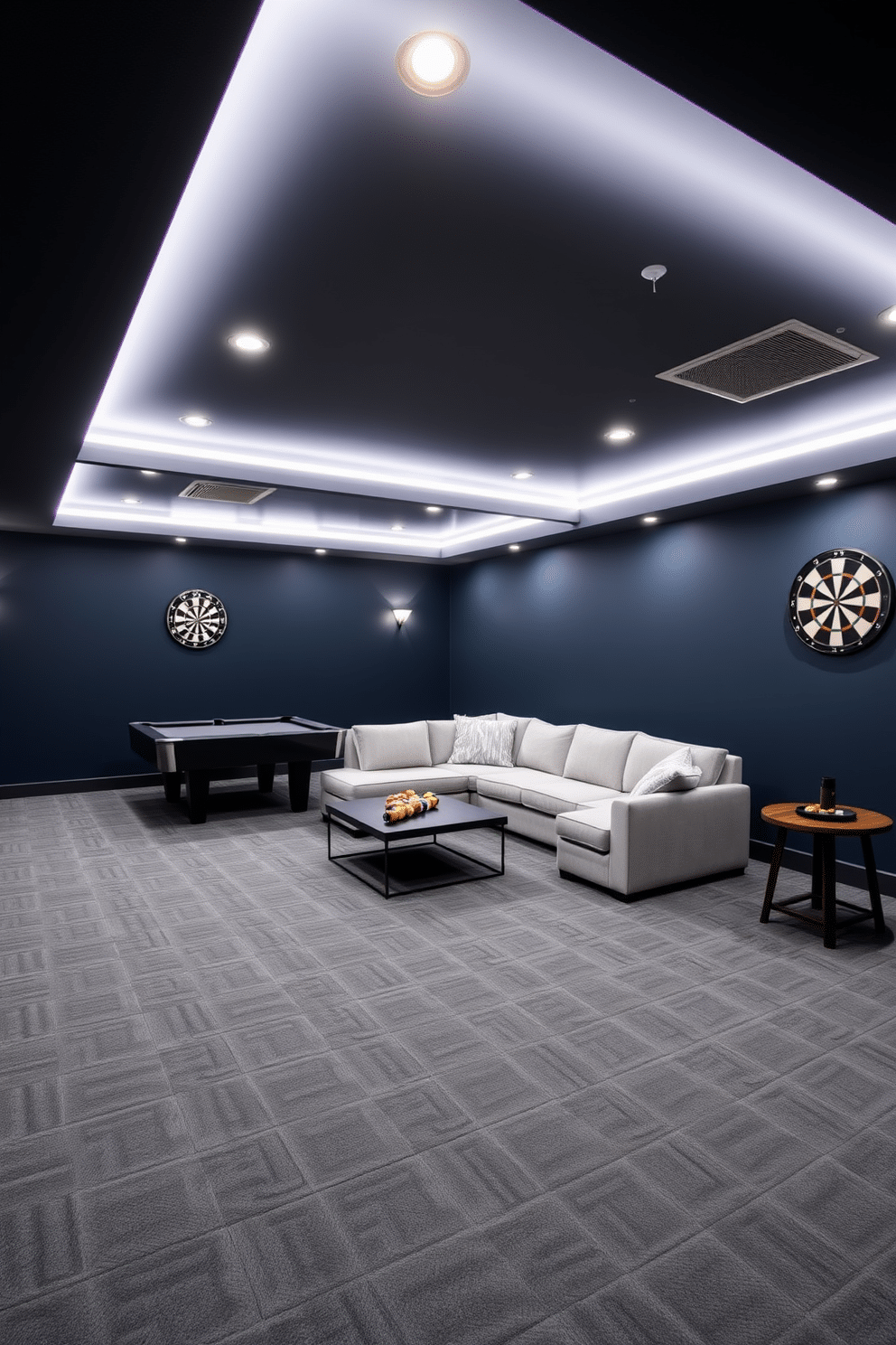 A stylish basement game room featuring foam tiles for soundproofing and comfort. The walls are painted in a deep navy blue, while the ceiling is adorned with soft LED strip lighting that creates an inviting atmosphere. In the center, a large sectional sofa in a light gray fabric surrounds a modern coffee table, perfect for game nights. A sleek pool table occupies one corner, complemented by a dartboard mounted on the wall, creating a fun and interactive space.