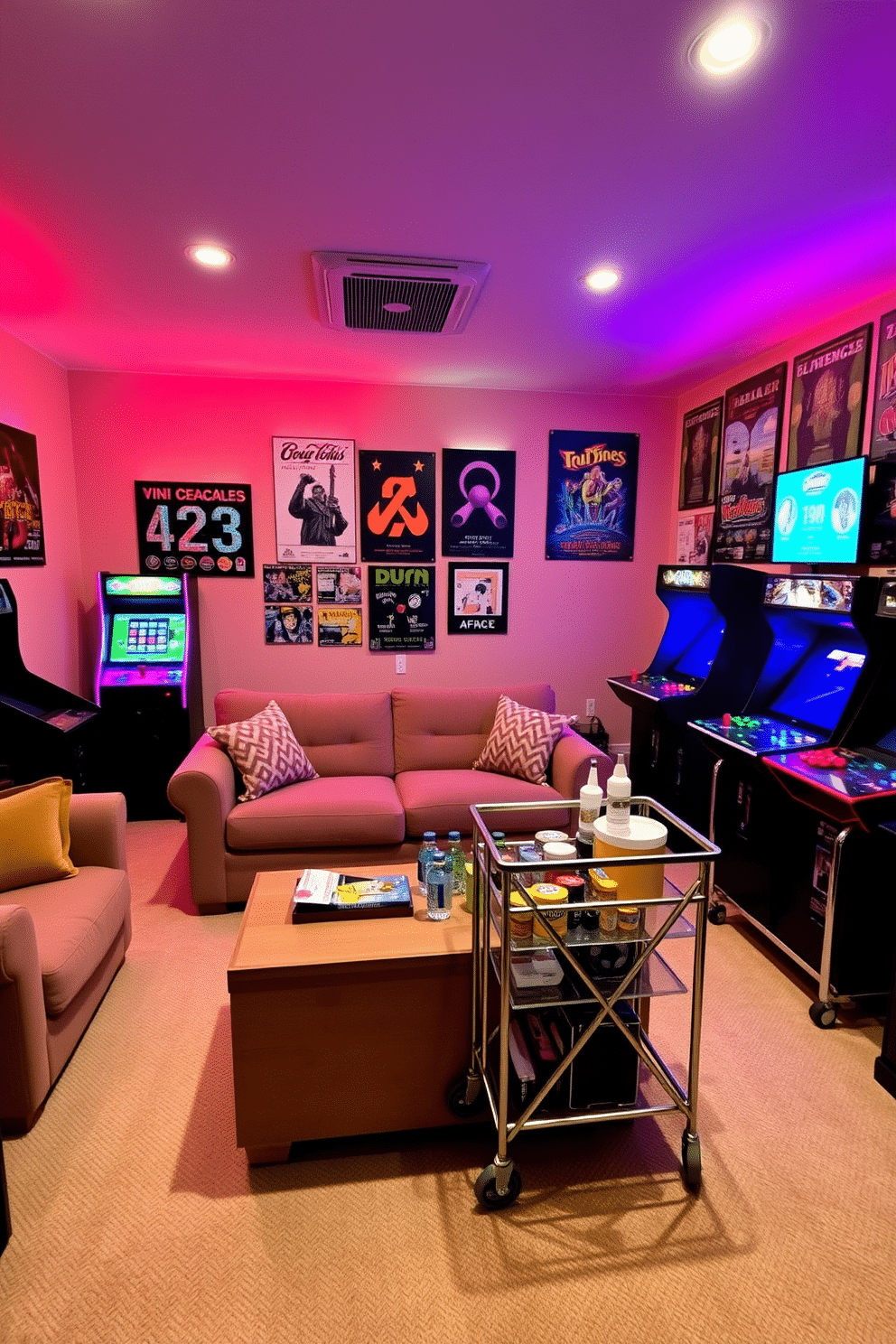 A cozy basement game room filled with mini arcade machines that evoke nostalgic vibes. The walls are adorned with retro posters, and colorful LED lights illuminate the space, creating a lively atmosphere. In the center, a plush sectional sofa provides ample seating, complemented by a vintage coffee table. A sleek bar cart stocked with snacks and drinks adds a fun touch, inviting friends to gather and enjoy the games.