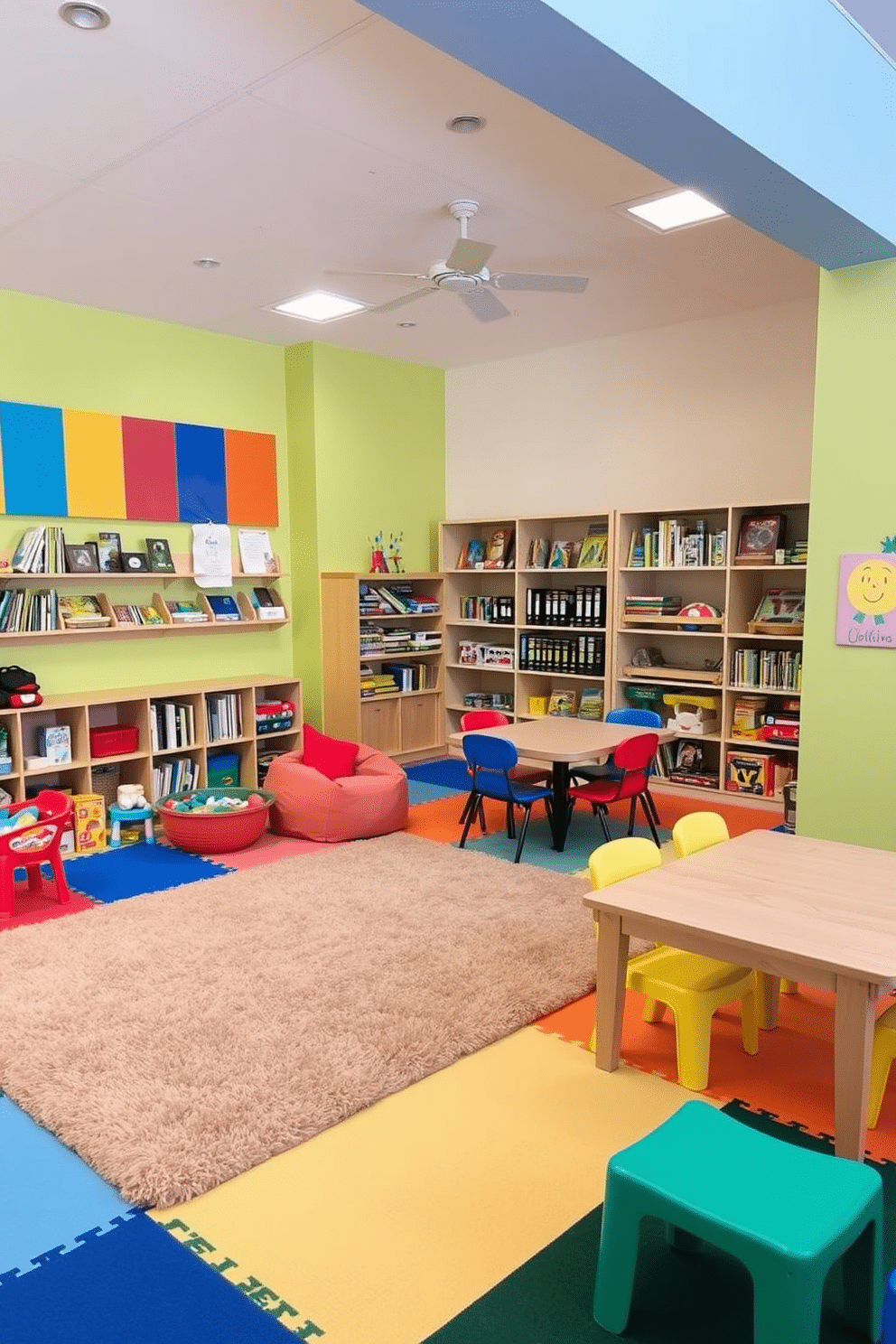 A vibrant family-friendly play zone filled with colorful toys and games, designed for both fun and safety. The walls are painted in cheerful hues, and the flooring features soft, cushioned mats to ensure a comfortable play area. In one corner, a large, plush rug anchors a cozy reading nook with bean bags and shelves filled with books. Adjacent to the reading area, a sturdy table is surrounded by chairs, perfect for arts and crafts activities, while a variety of games are neatly organized on open shelves.