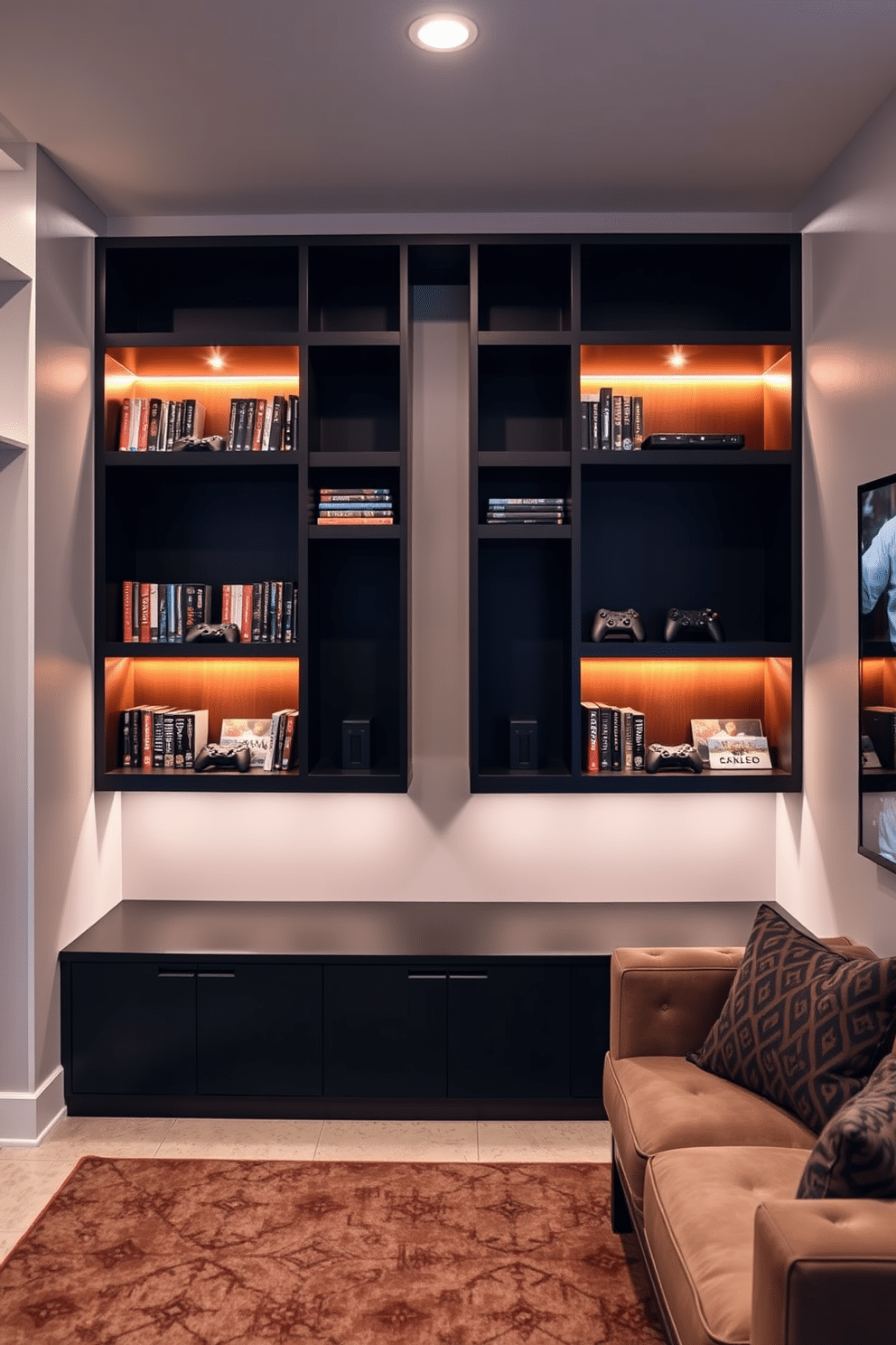 Custom-built shelves for game storage create an organized and stylish solution for keeping games and accessories neatly displayed. The shelves feature a mix of open and closed compartments, finished in a sleek matte black with warm wood accents for a contemporary feel. The basement game room is designed with a cozy atmosphere, incorporating plush seating and ambient lighting for an inviting space. A large area rug defines the gaming zone, while wall-mounted LED lights highlight the custom shelves and add a touch of modern flair.