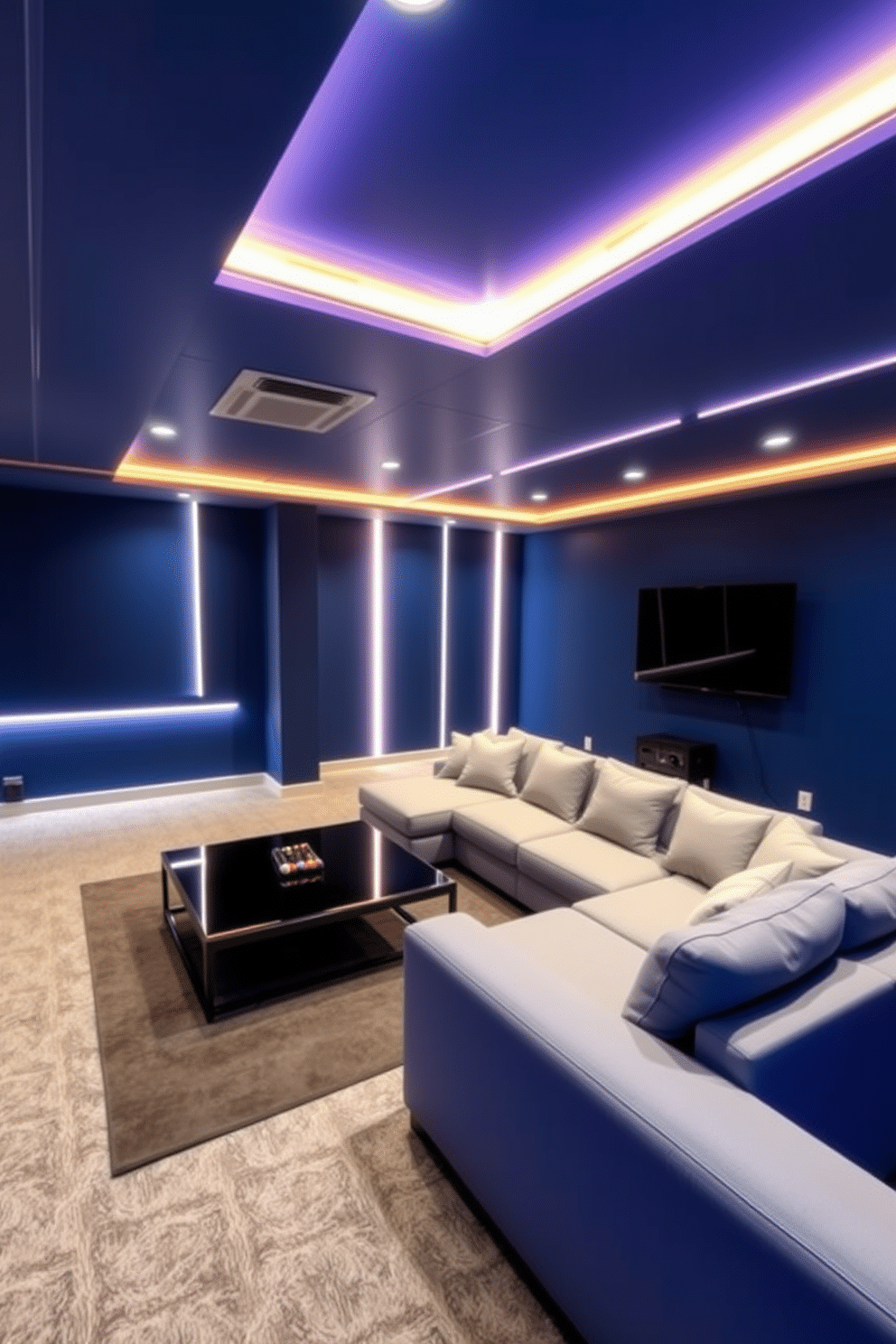 A stylish basement game room featuring LED strip lighting that creates a dynamic ambiance. The walls are painted in deep blue, and the ceiling is adorned with modern recessed lights, enhancing the vibrant atmosphere. In the center, a large sectional sofa invites relaxation, complemented by a sleek coffee table. A pool table occupies one corner, while a wall-mounted flat-screen TV provides entertainment for game nights.