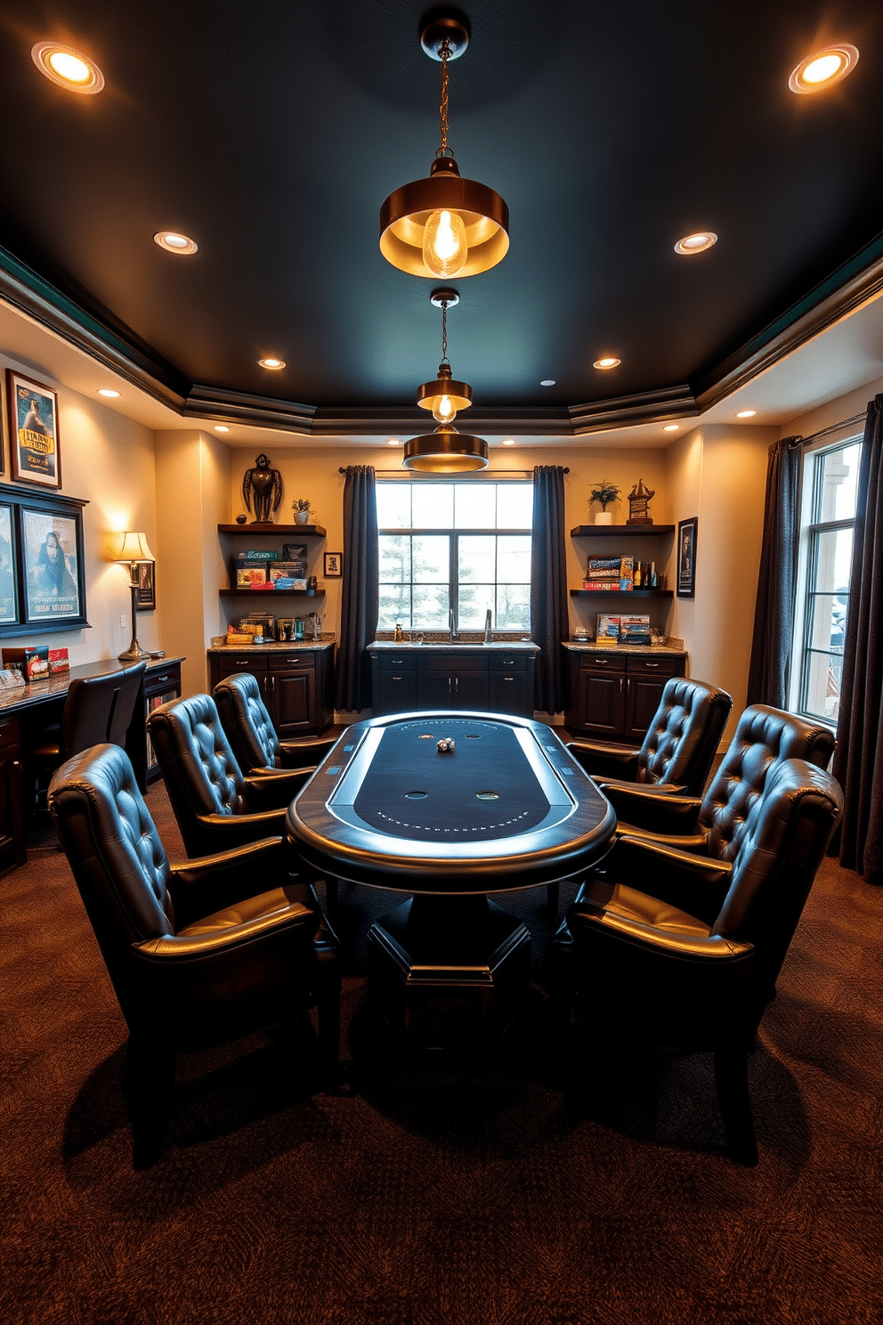 A modern basement game room featuring a wall-mounted TV that serves as the focal point of the space. Surround sound speakers are strategically placed throughout the room to enhance the cinematic experience, while plush seating and a sleek coffee table create a comfortable viewing area. The walls are adorned with dark wood paneling, and the floor is covered with a soft, dark carpet for a cozy atmosphere. A stylish bar area with high stools complements the game room, offering a perfect spot for refreshments during game nights.