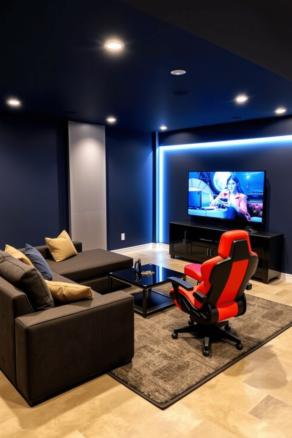 A cozy basement game room features a plush, game-themed rug that adds warmth and comfort to the space. The rug showcases vibrant colors and playful designs, enhancing the overall gaming atmosphere while providing a soft surface underfoot. The room is equipped with comfortable seating arrangements, including a sectional sofa and bean bags, perfect for long gaming sessions. Wall-mounted shelves display an array of video games and memorabilia, creating a personalized touch that reflects the owner's passion for gaming.