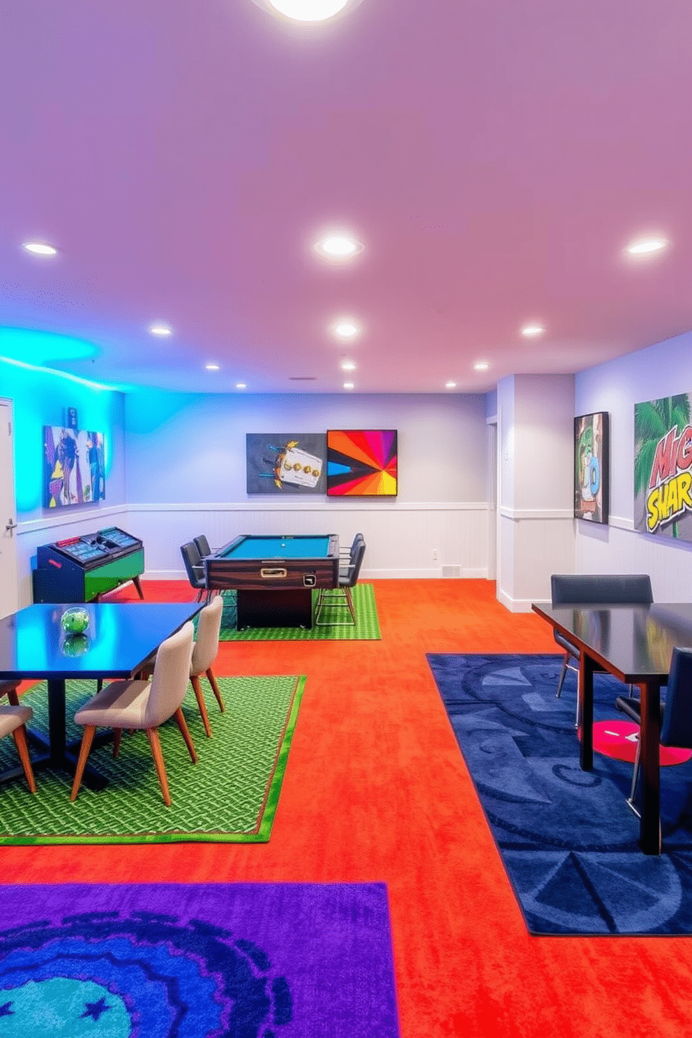 A vibrant basement game room is adorned with colorful rugs that delineate distinct gaming zones, creating an inviting atmosphere for entertainment. The rugs feature playful patterns and hues, complementing the modern furniture and bright wall art that energize the space.