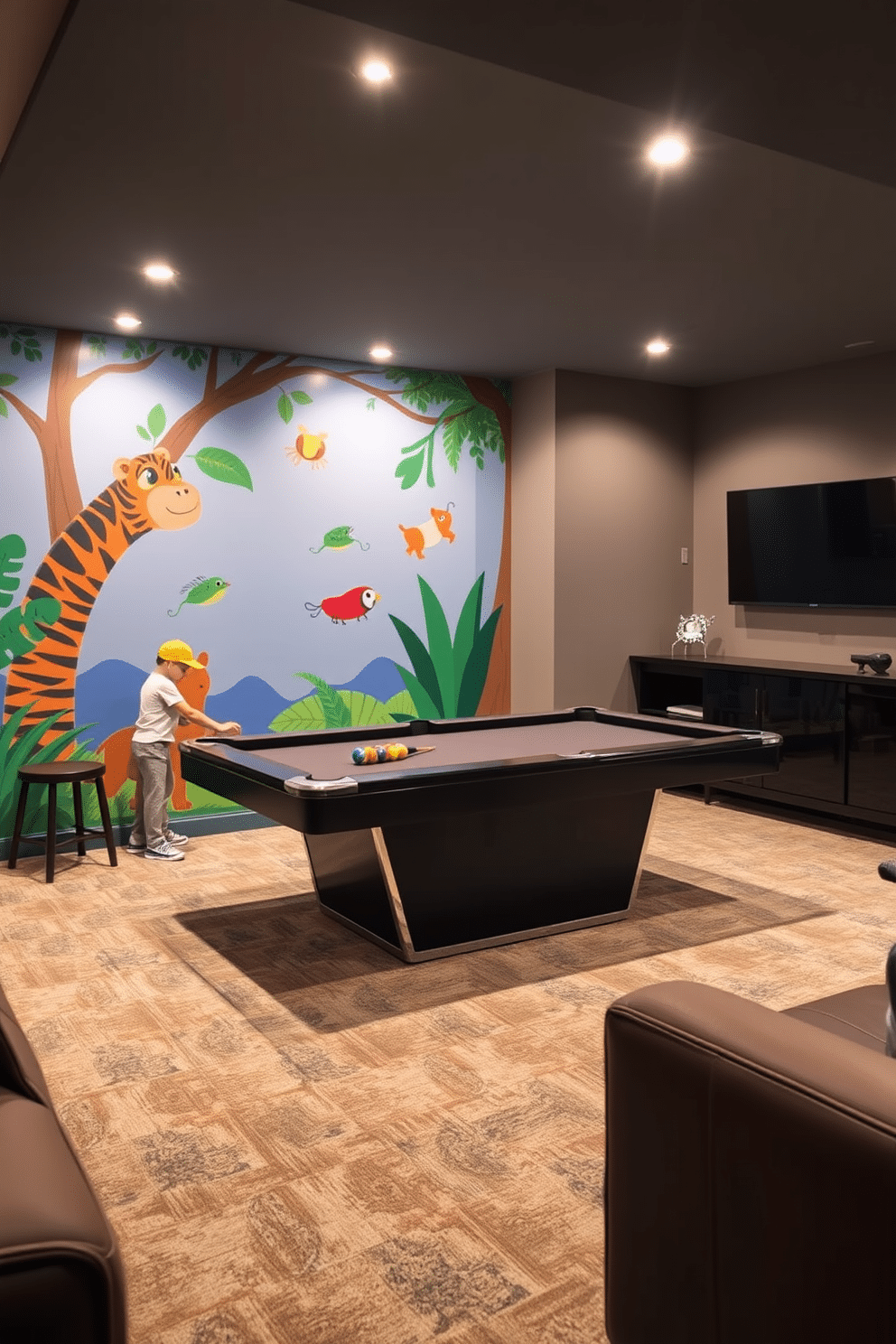 Interactive wall art for playful engagement. Imagine a vibrant mural featuring a jungle theme, where children can touch and interact with different textures and colors. Basement Game Room Design Ideas. Envision a spacious area with a sleek pool table at the center, surrounded by comfortable seating and ambient lighting to create a fun and inviting atmosphere.