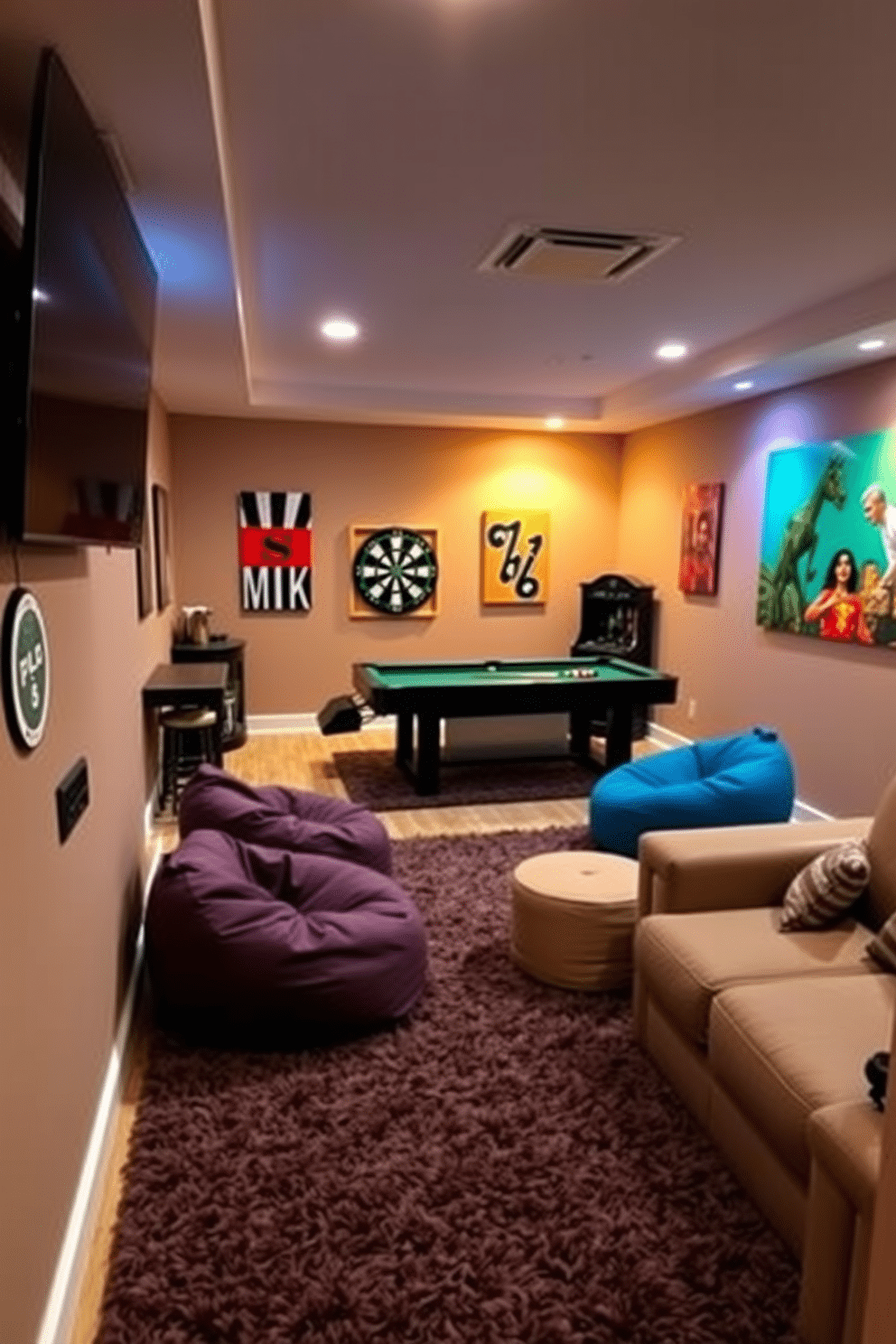 A stylish basement game room featuring classic pinball machines lined against one wall, showcasing vibrant colors and retro designs. Plush, oversized seating in rich leather surrounds a sleek coffee table, creating a cozy atmosphere for friends and family to enjoy games and conversation.