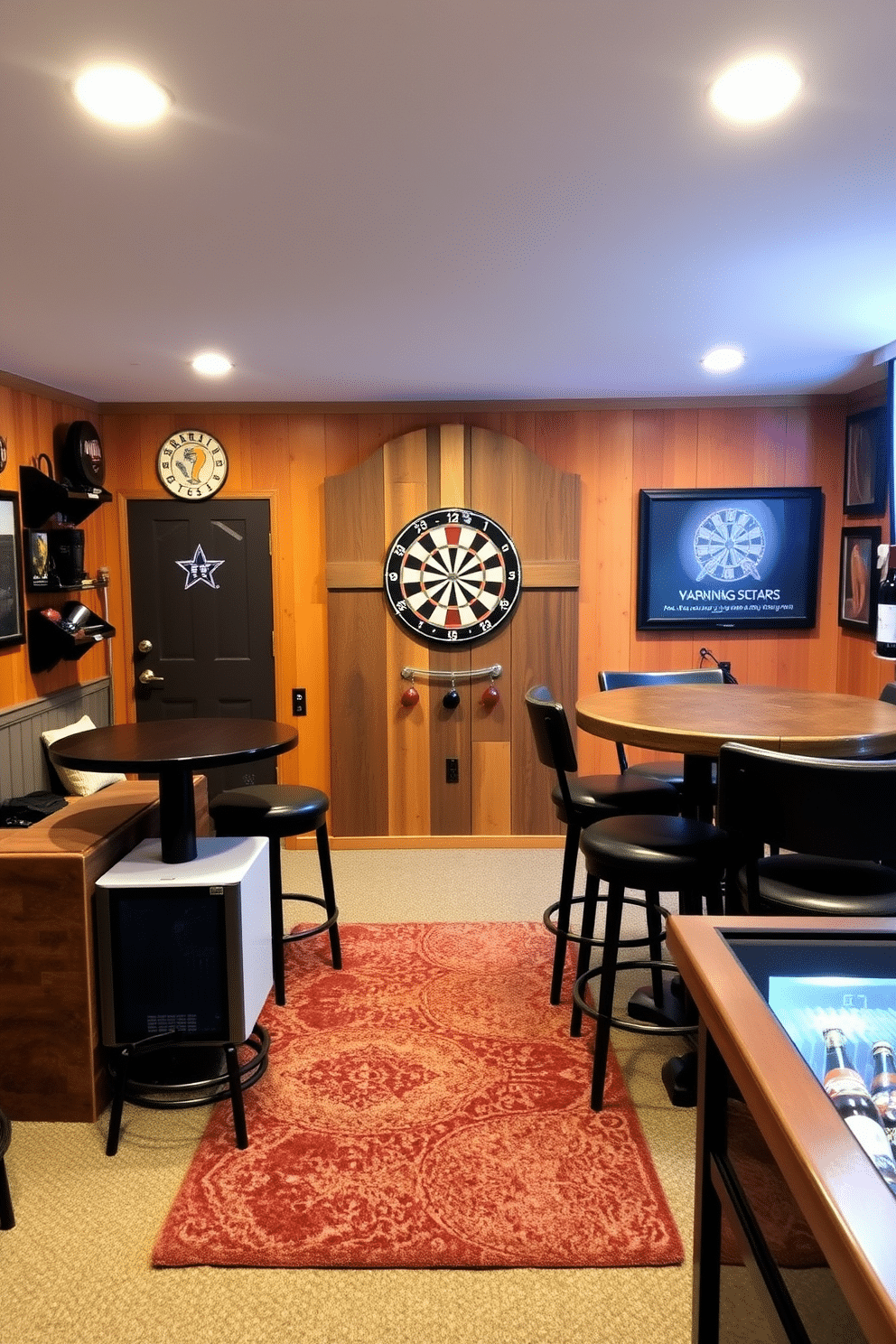 A cozy basement game room features a dedicated dartboard area with a rustic wooden backboard and proper lighting to enhance the playing experience. Surrounding the dartboard, there are pub-style seating arrangements with high-top tables and cushioned bar stools, creating an inviting atmosphere for friends and family to gather. The walls are adorned with vintage sports memorabilia and warm wood paneling, adding character to the space. A plush area rug in front of the seating area provides comfort, while a small fridge stocked with beverages is conveniently located nearby for easy access during game nights.