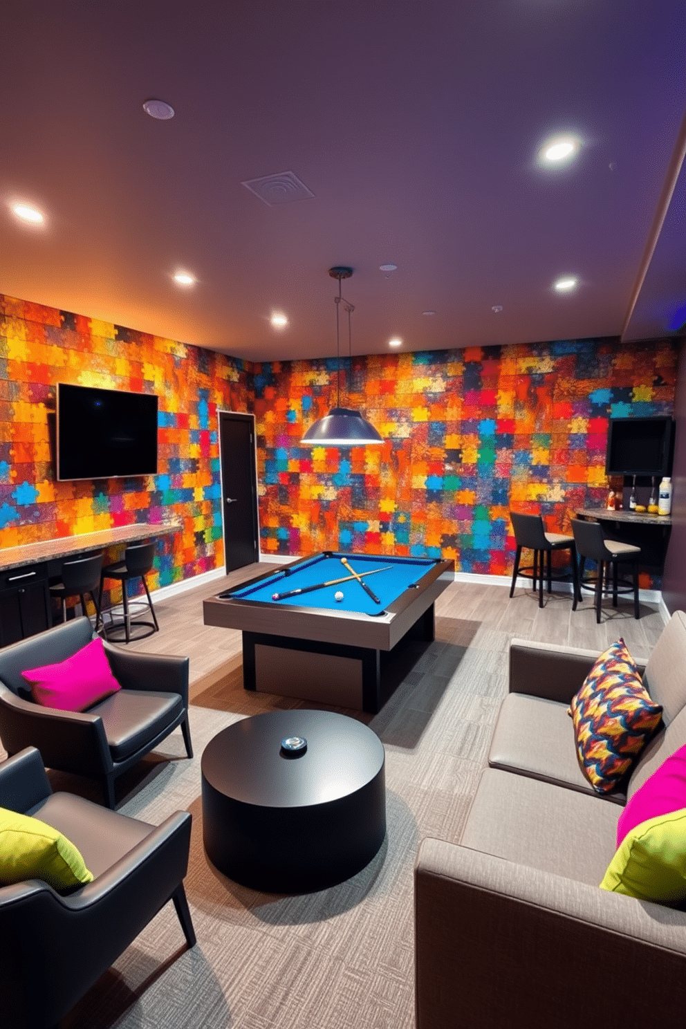 A dynamic basement game room featuring a puzzle wall designed for interactive challenges. The walls are adorned with colorful puzzle pieces, creating an engaging atmosphere, while a sleek pool table occupies the center of the room. Surrounding the pool table, comfortable seating arrangements include modern lounge chairs and a sectional sofa with vibrant cushions. Ambient lighting enhances the playful vibe, and a mini bar with stylish stools offers refreshments for guests.