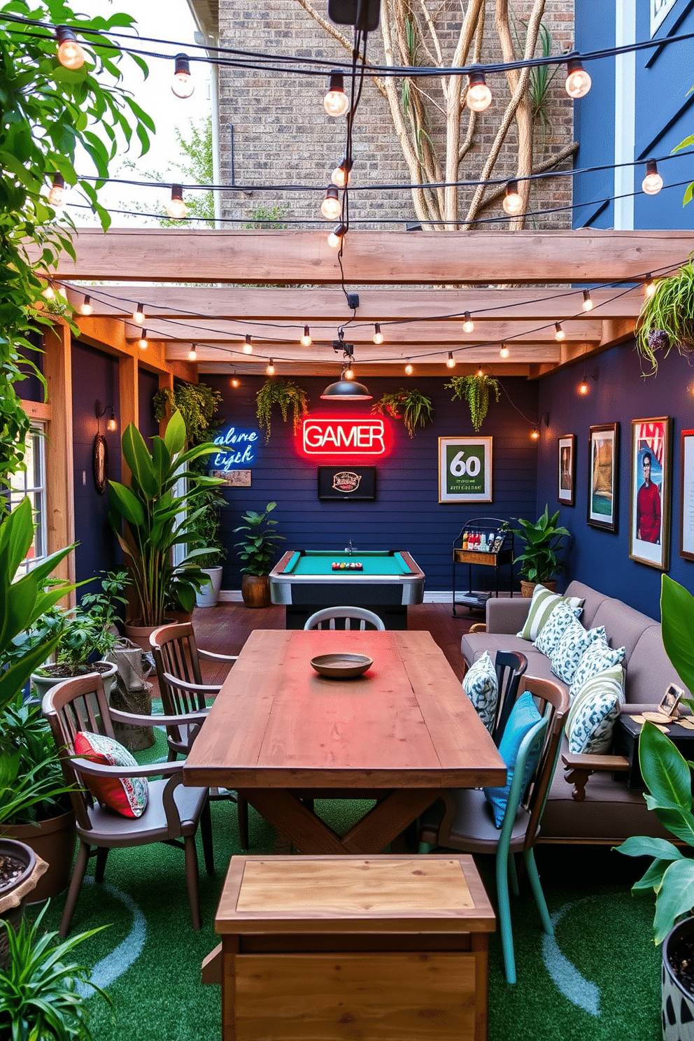 A serene outdoor-themed decor space that features a rustic wooden dining table surrounded by mismatched chairs, each adorned with colorful cushions. Lush greenery and potted plants frame the area, while string lights hang overhead, creating a warm and inviting atmosphere. A vibrant basement game room designed for entertainment, complete with a pool table at the center and a cozy seating area with plush sofas. The walls are painted in a deep navy blue, accented by neon signs and framed artwork, while a small bar cart stocked with drinks adds a playful touch.