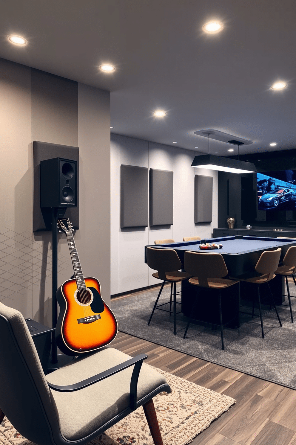 A cozy music corner features a vintage acoustic guitar leaning against a sleek black speaker. The walls are adorned with soundproof panels, and a plush area rug sits beneath a stylish mid-century lounge chair. The basement game room is designed for entertainment, showcasing a pool table at the center surrounded by modern bar stools. Bright LED lights illuminate the space, while a large flat-screen TV is mounted on the wall for gaming and movie nights.